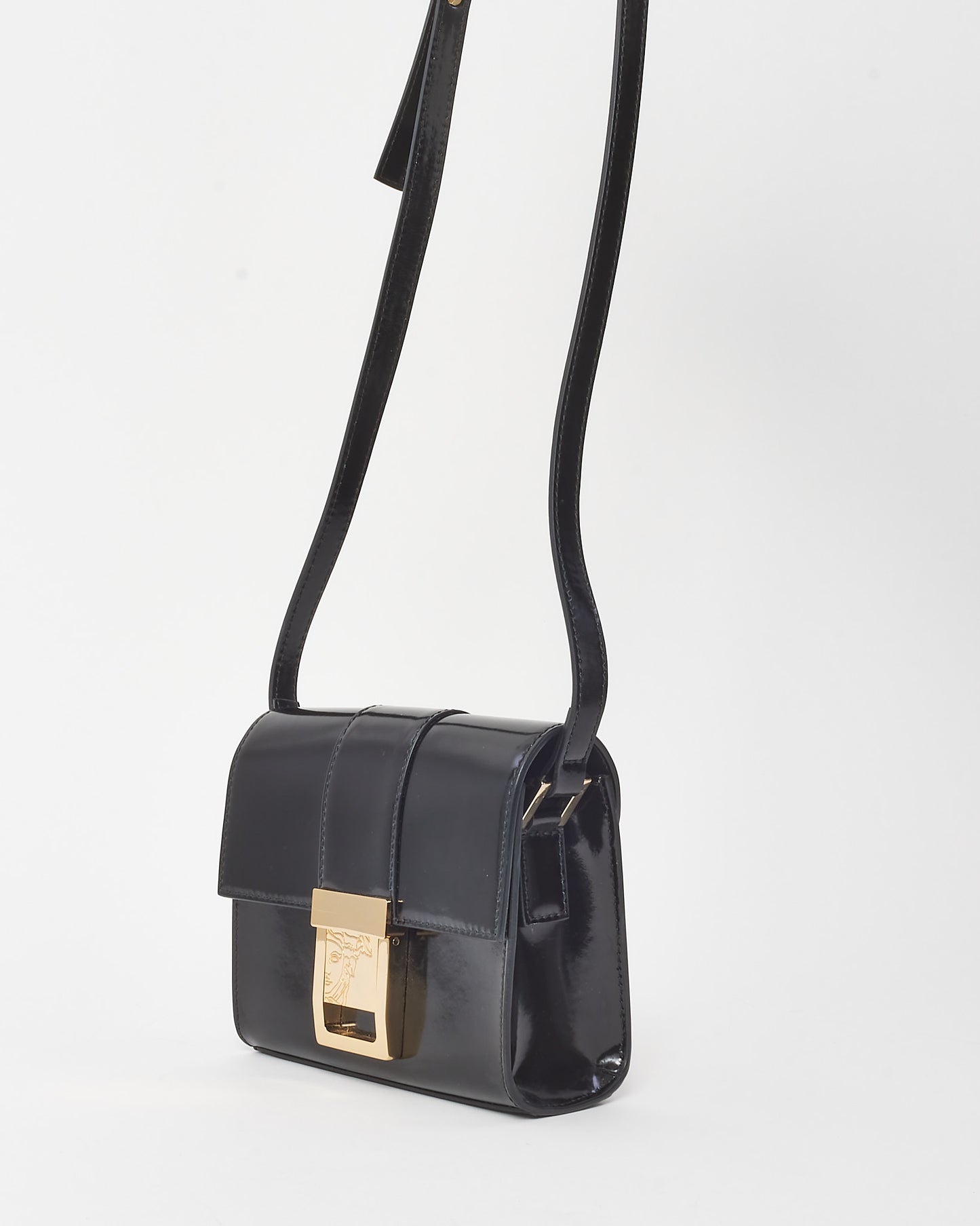 Versace Black Glazed Leather Medusa Head Buckle Mini Square Crossbody Bag