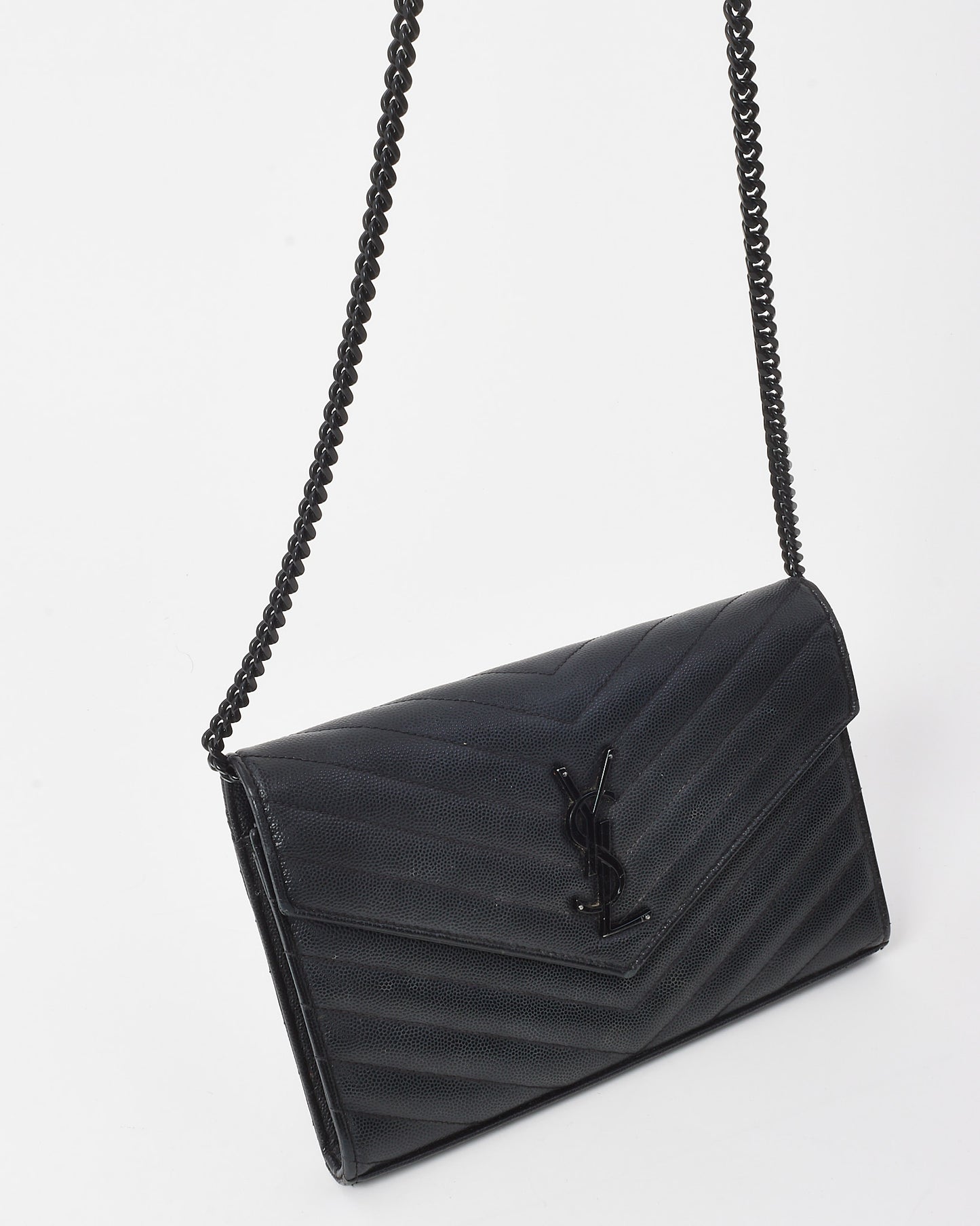 Saint Laurent Black Chevron Leather Cassandre YSL Logo WOC Wallet on Chain BHW