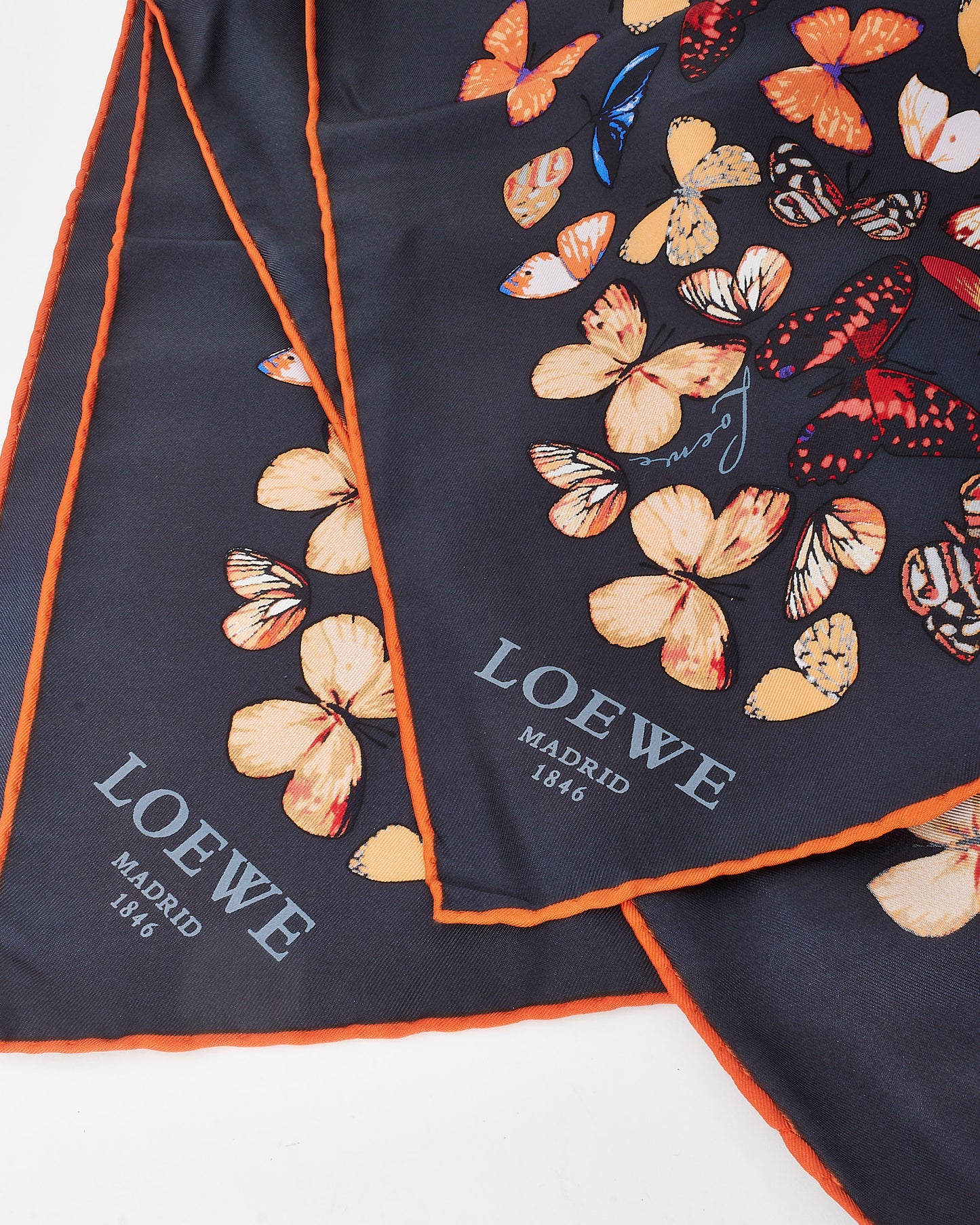 Loewe Vintage Navy Silk Multi Butterfly Scarf