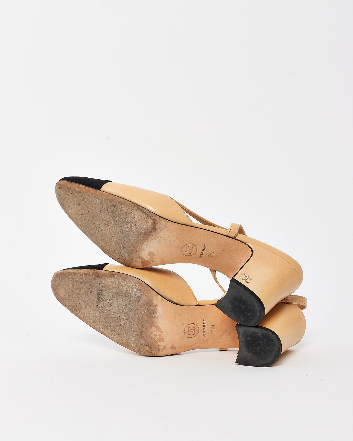 Chanel Beige & Black Cap Toe Block Heel Slingback Pumps - 39