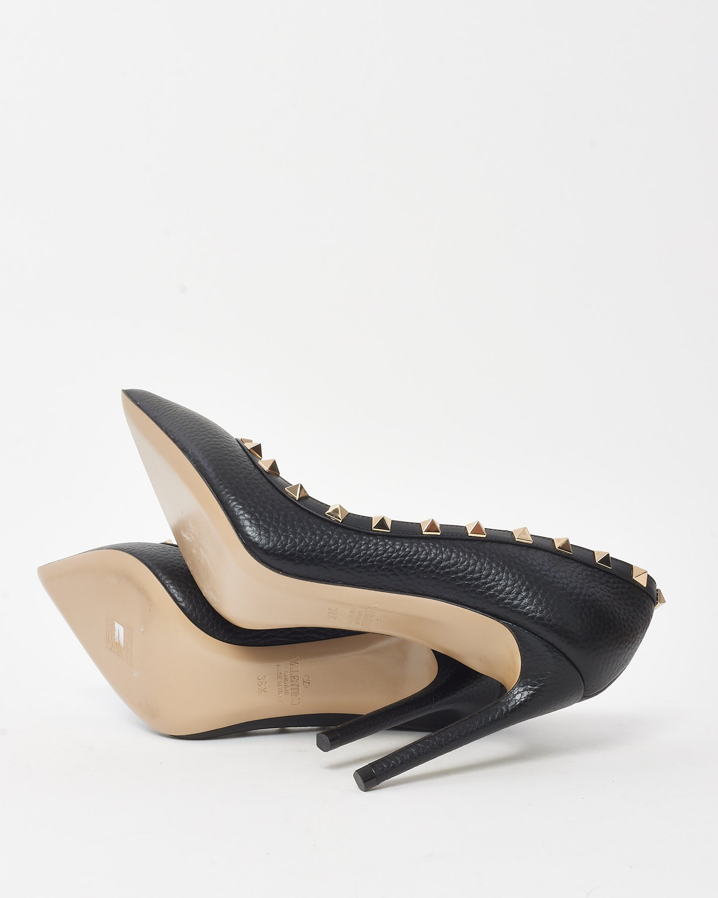 Valentino Black Grained Leather Rockstud Pointed Toe Pumps - 38.5