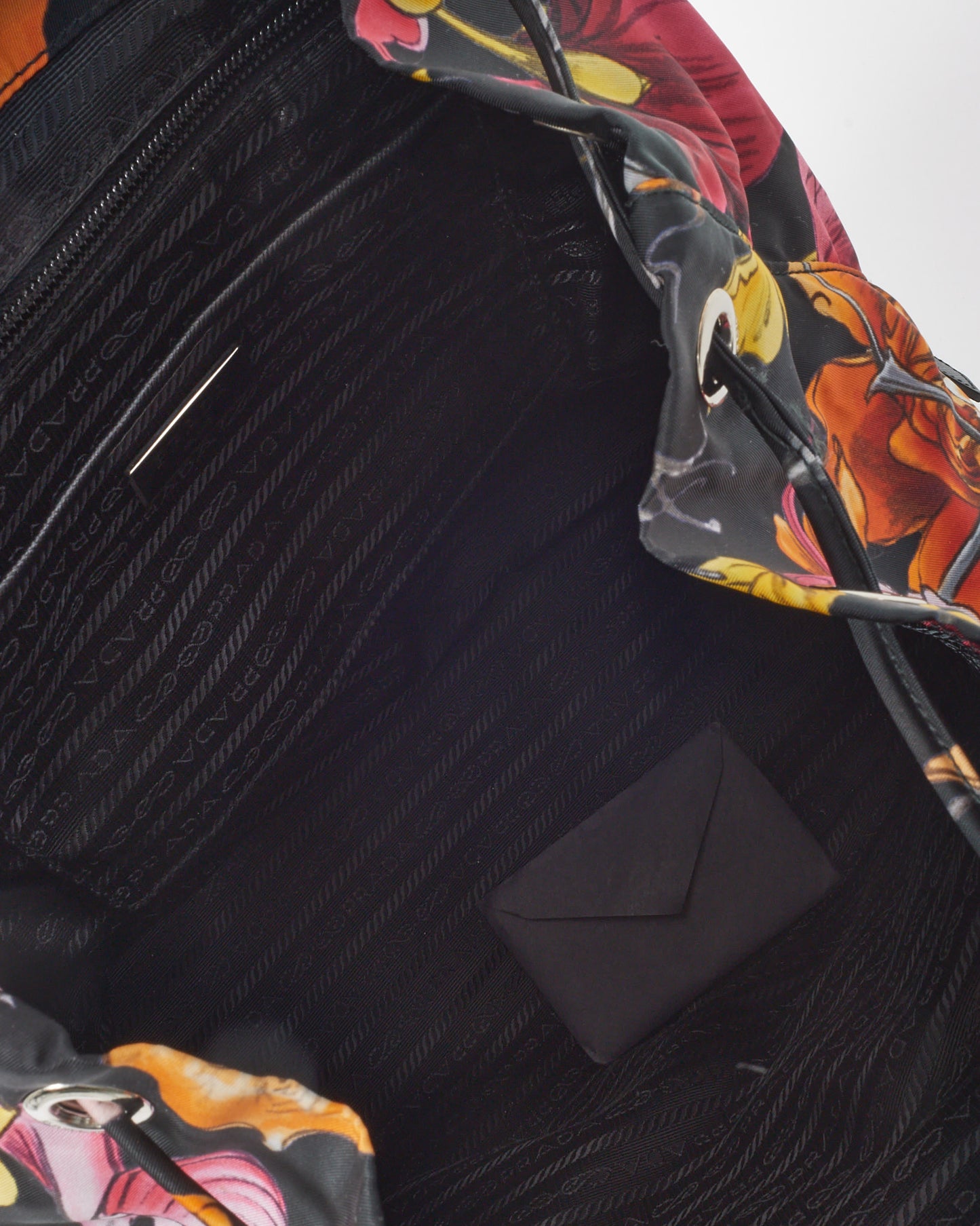 Prada Black Floral Nylon Double Pocket Medium Backpack