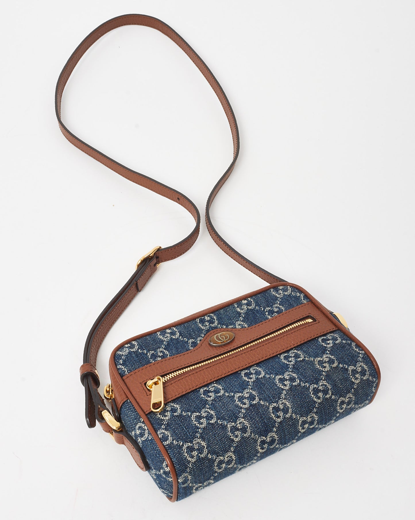 Gucci Brown Leather & Blue Denim Monogram Mini Ophidia Crossbody Bag