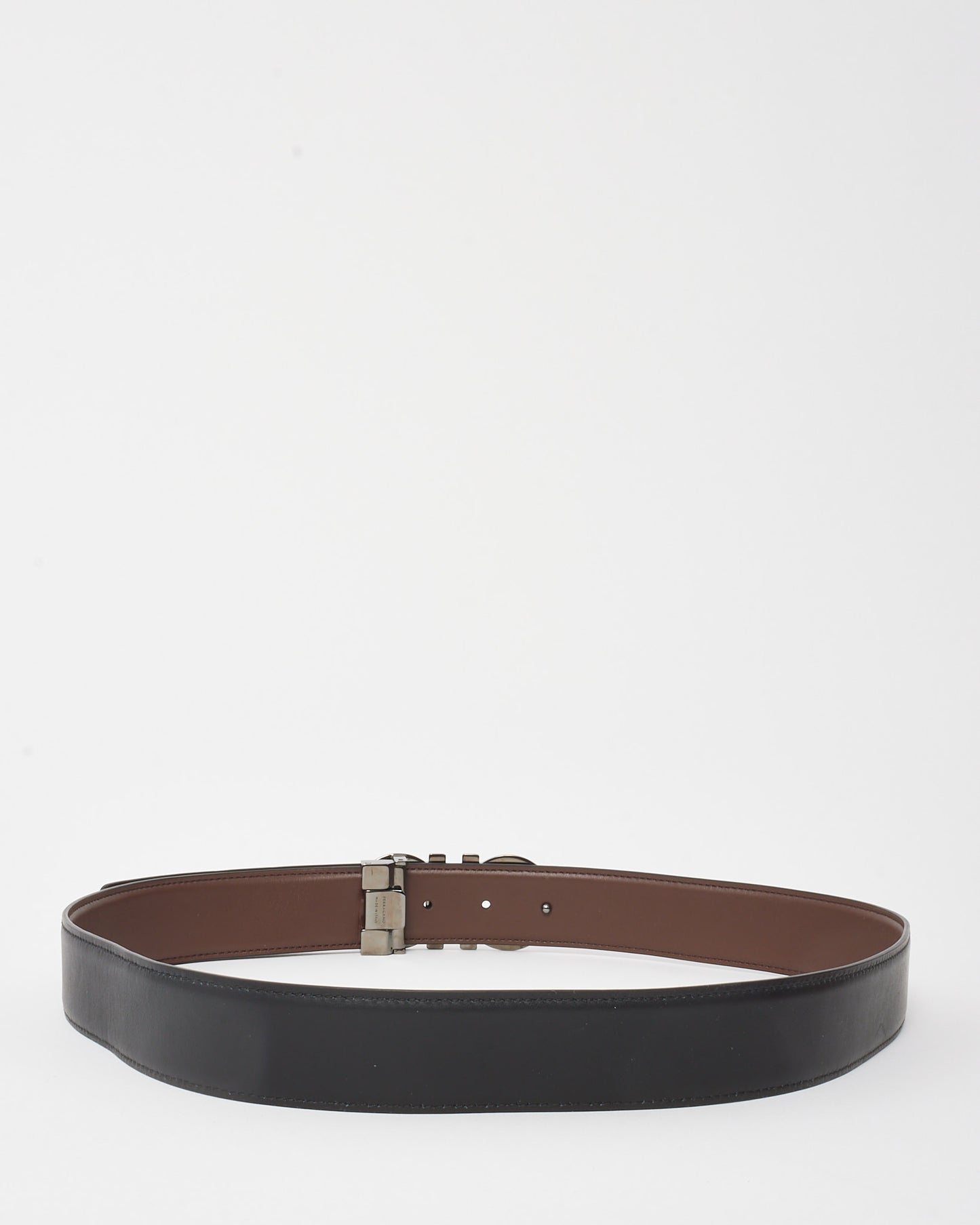 Salvatore Ferragamo Black and Brown Double Gancini Buckle Reversible Leather Belt - 95