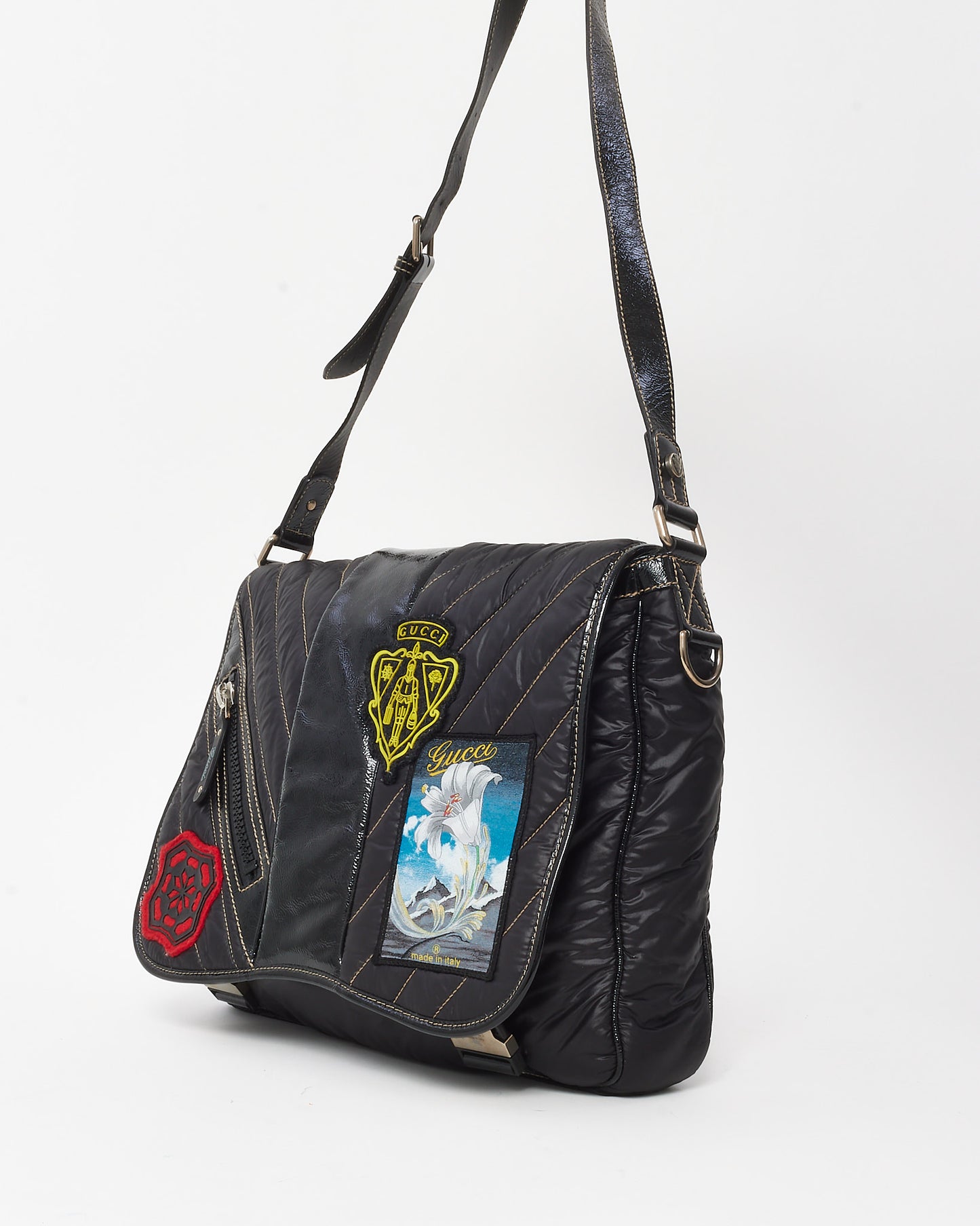 Gucci Black Quilted Coated Logo Patches Messenger Bag