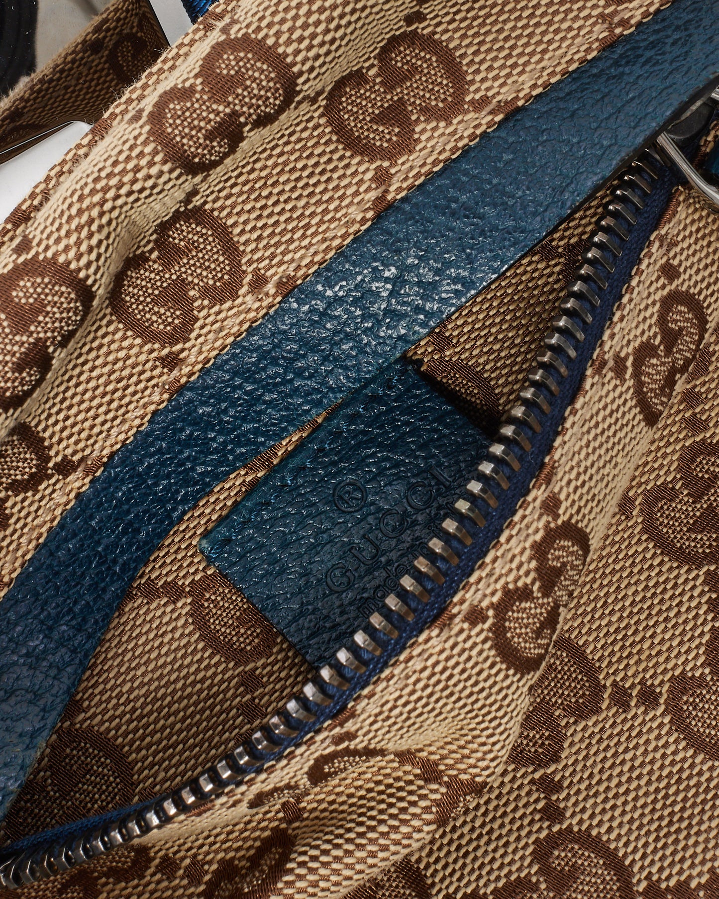 Gucci Navy Leather Beige & Brown Monogram GG Canvas Double Pocket Belt Bag