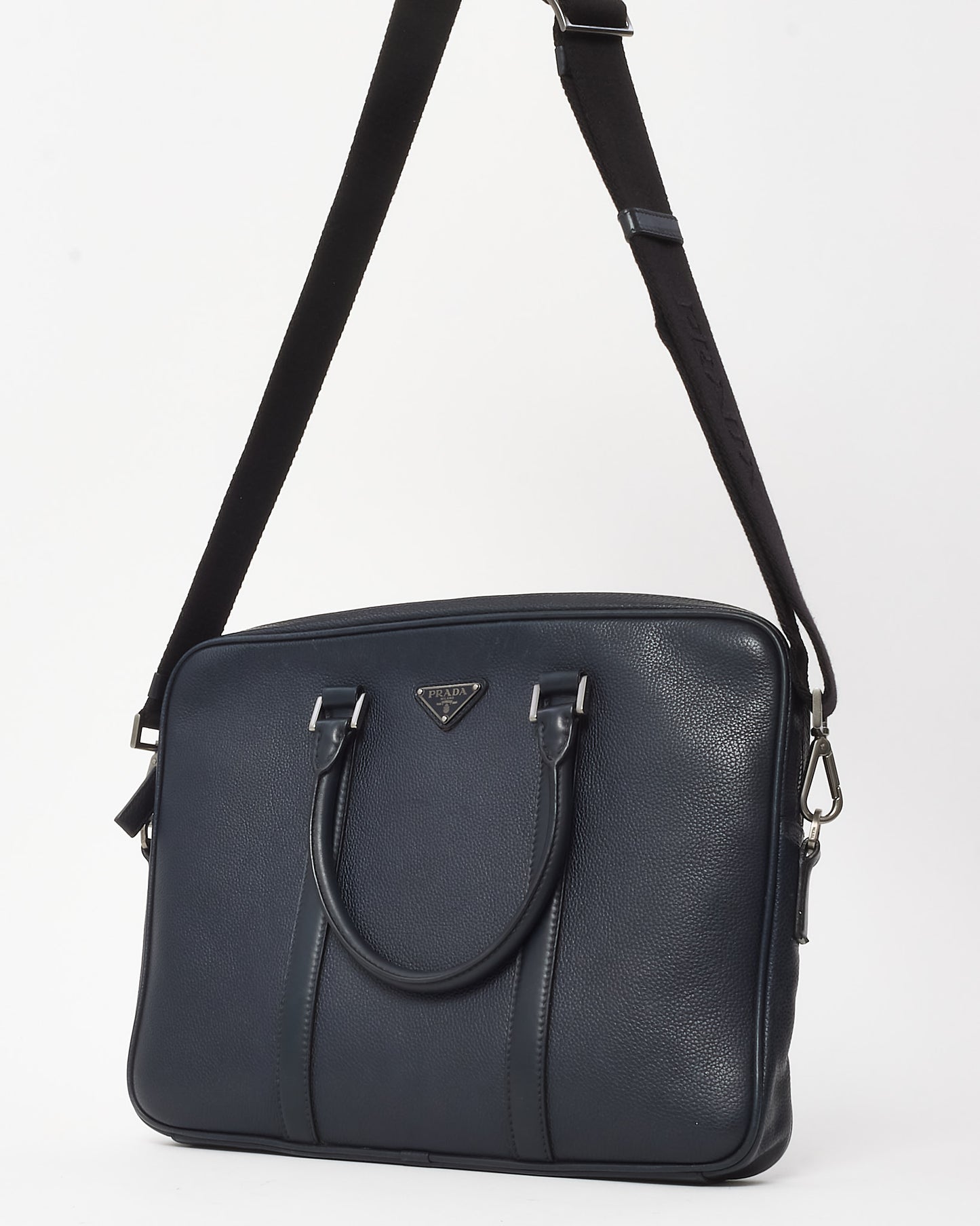 Prada Navy Toro Leather Logo 2Way Convertible Briefcase
