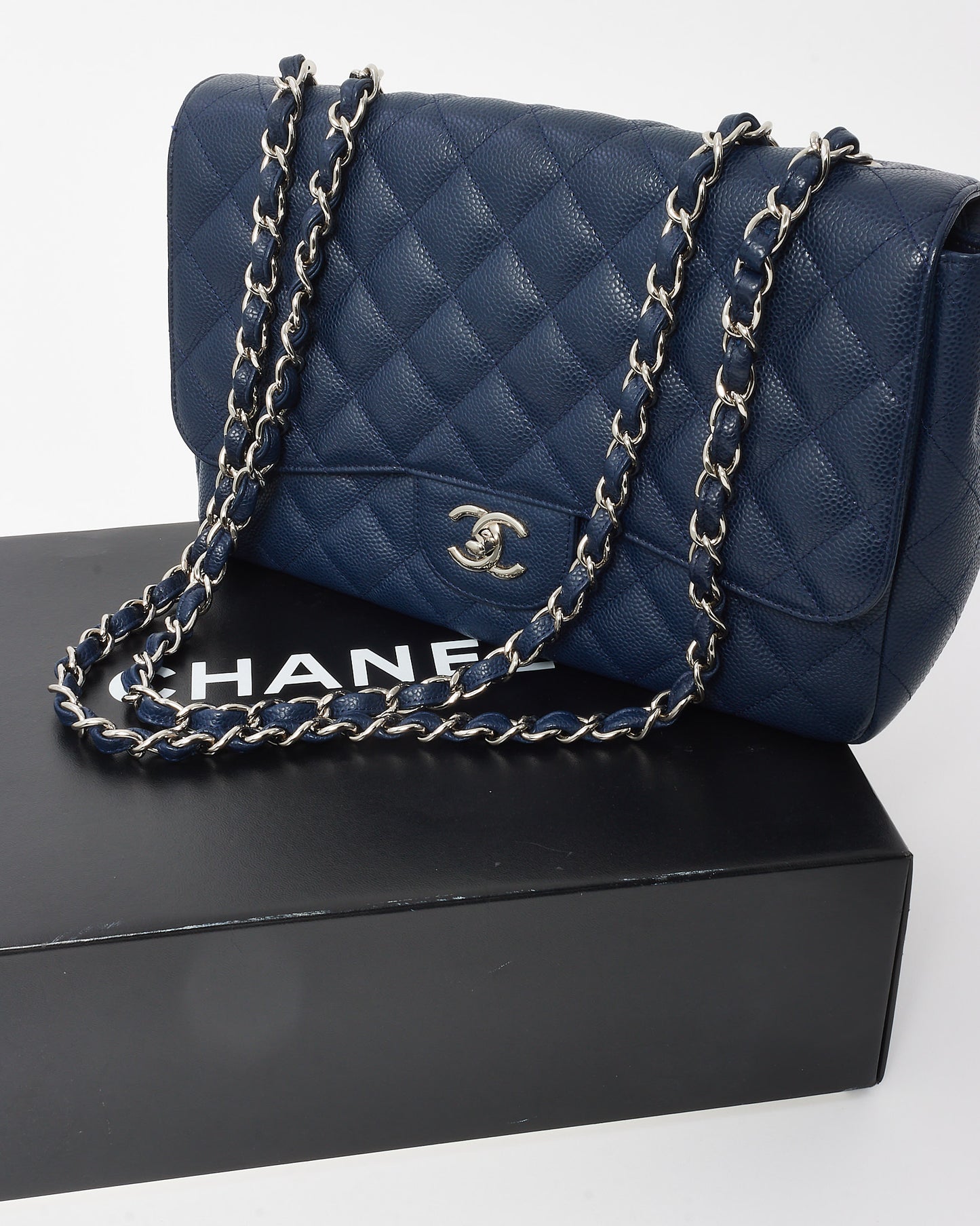 Chanel Navy Caviar Leather Classic Jumbo Single Flap Bag SHW