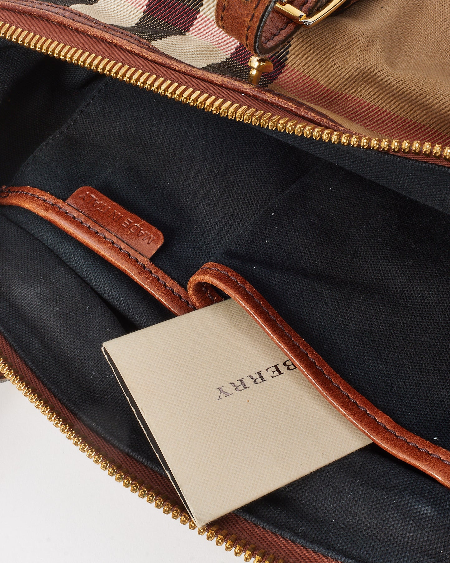 Burberry Dark Tan Leather and Bridle House Check Canvas Small Salisbury Tote Bag