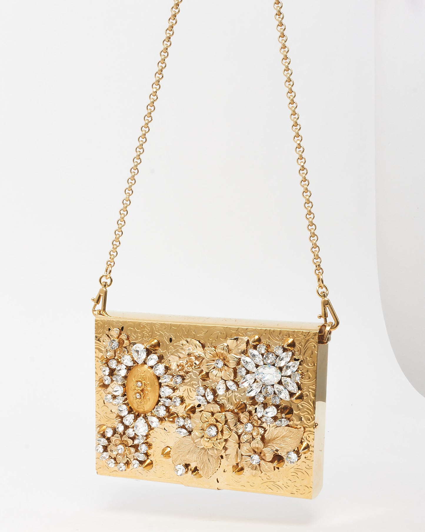 Dolce & Gabbana Gold Crystals and Flowers Embellished Metallic Chain Clutch