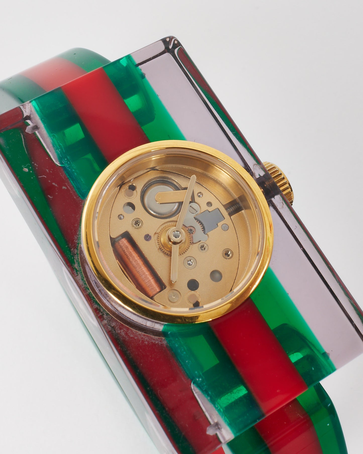 Gucci Transparent Red and Green Web Plexiglass Stainless Steel 24mm Quartz Skeleton Watch