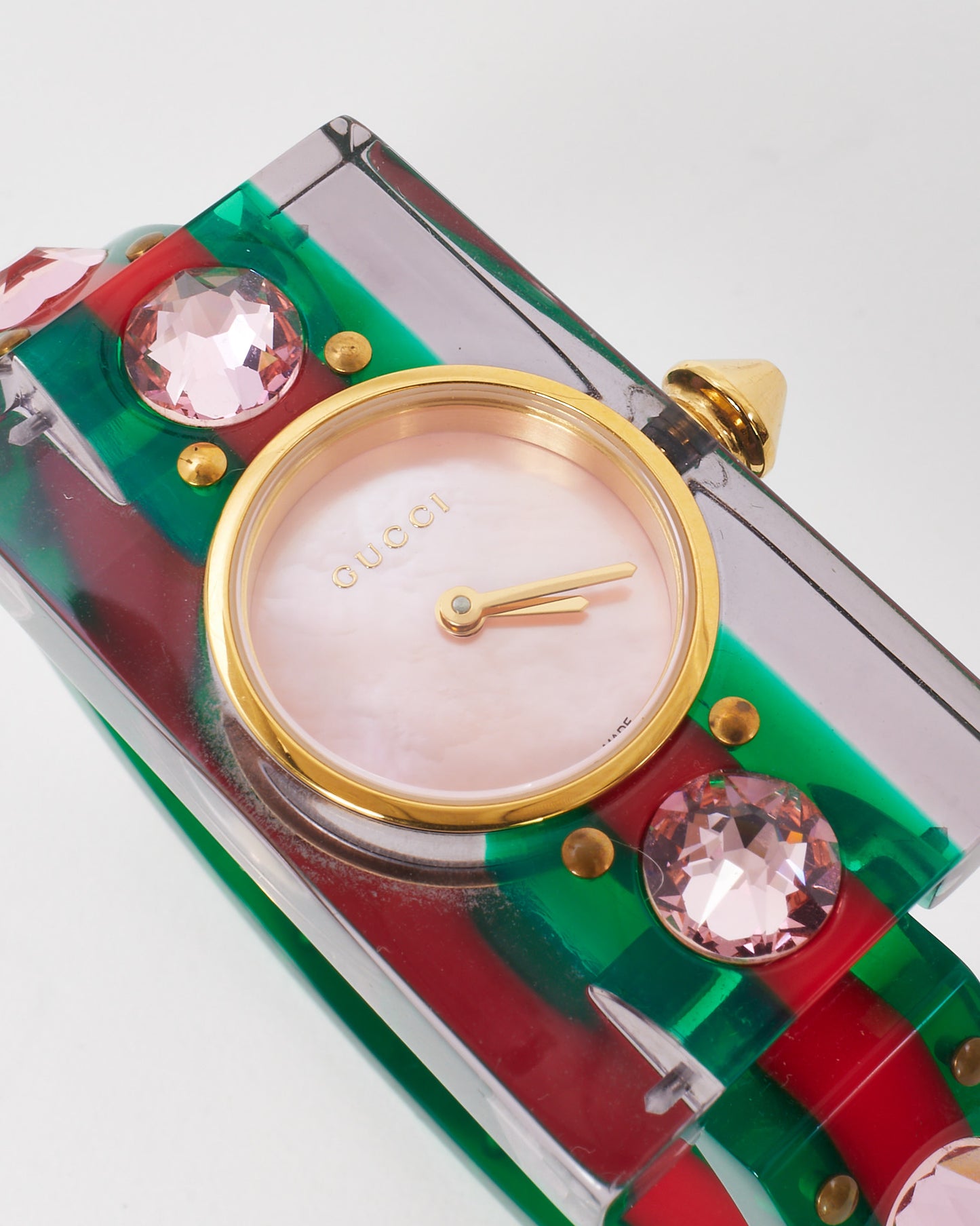 Gucci Transparent Red and Green Web Plexiglass 24mm Quartz Stud Skeleton Watch