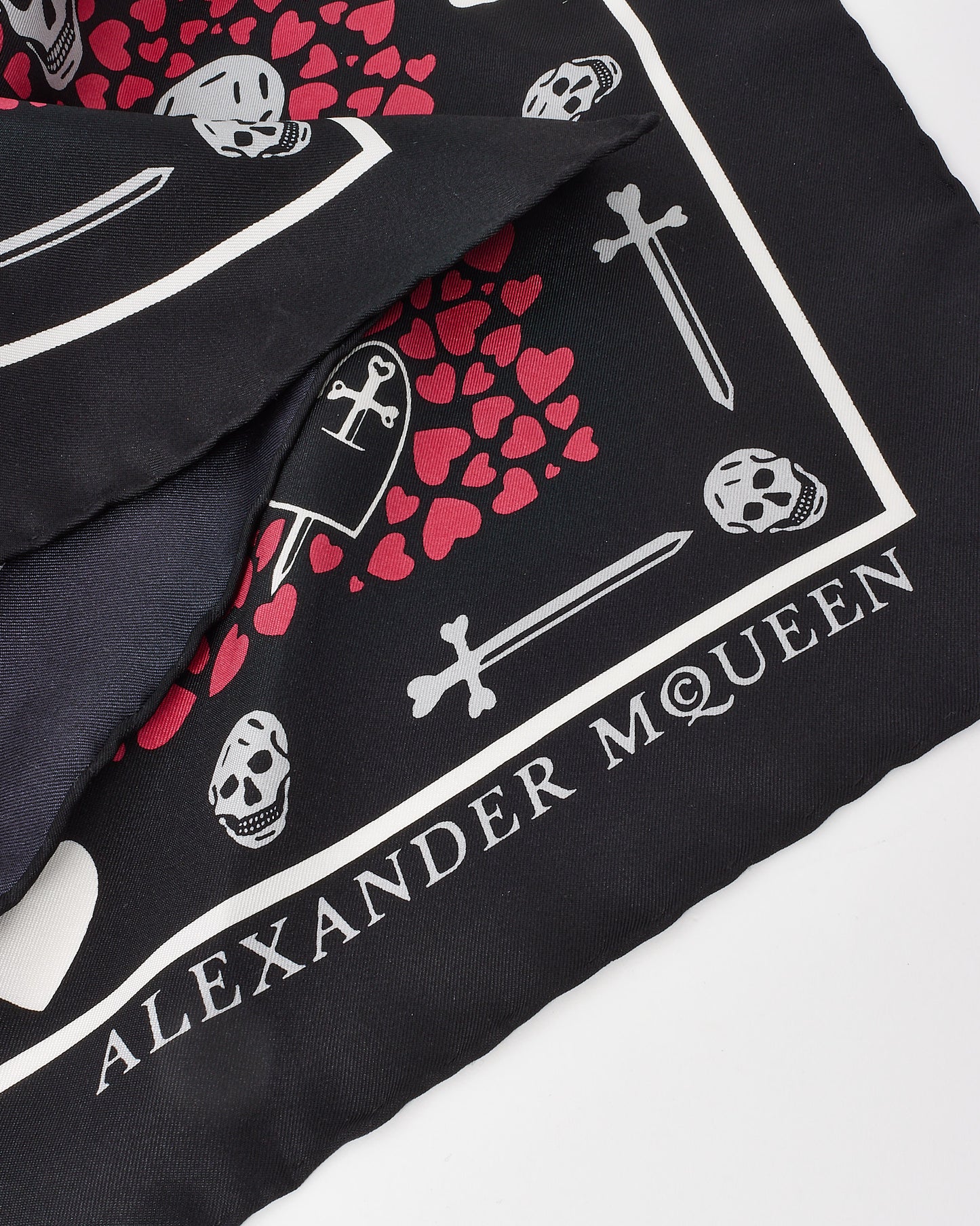 Alexander McQueen Black and Red Heart Skull Print Silk Scarf