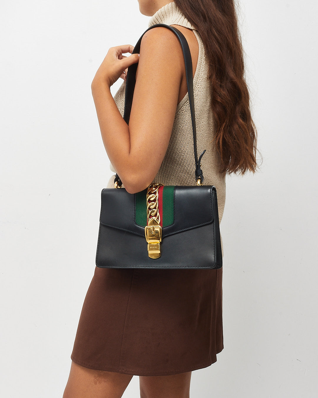 Gucci Black Leather Small Sylvie Small Web Shoulder Bag