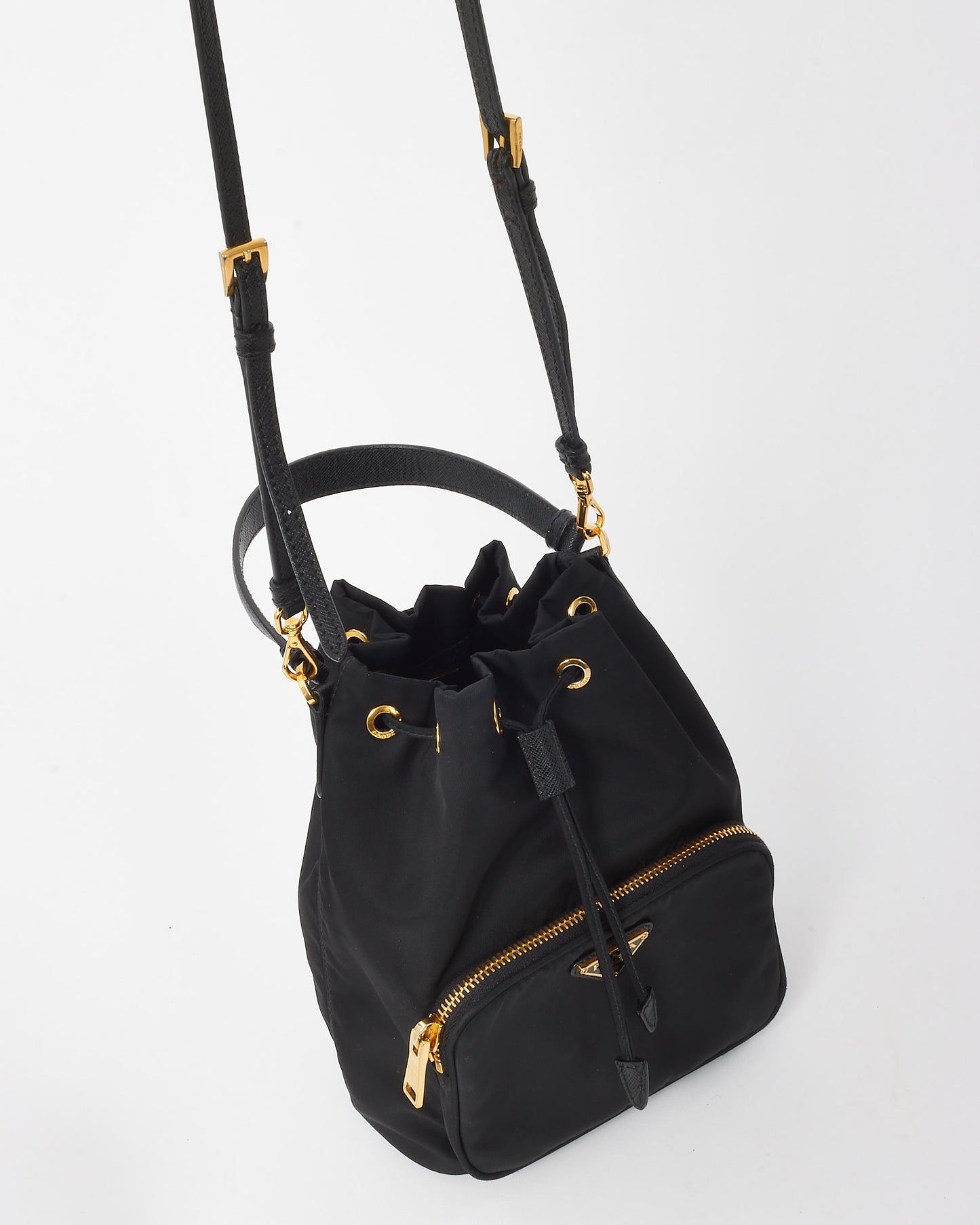 Prada Black Nylon Duet Drawstring Logo Crossbody Bucket Bag with Strap