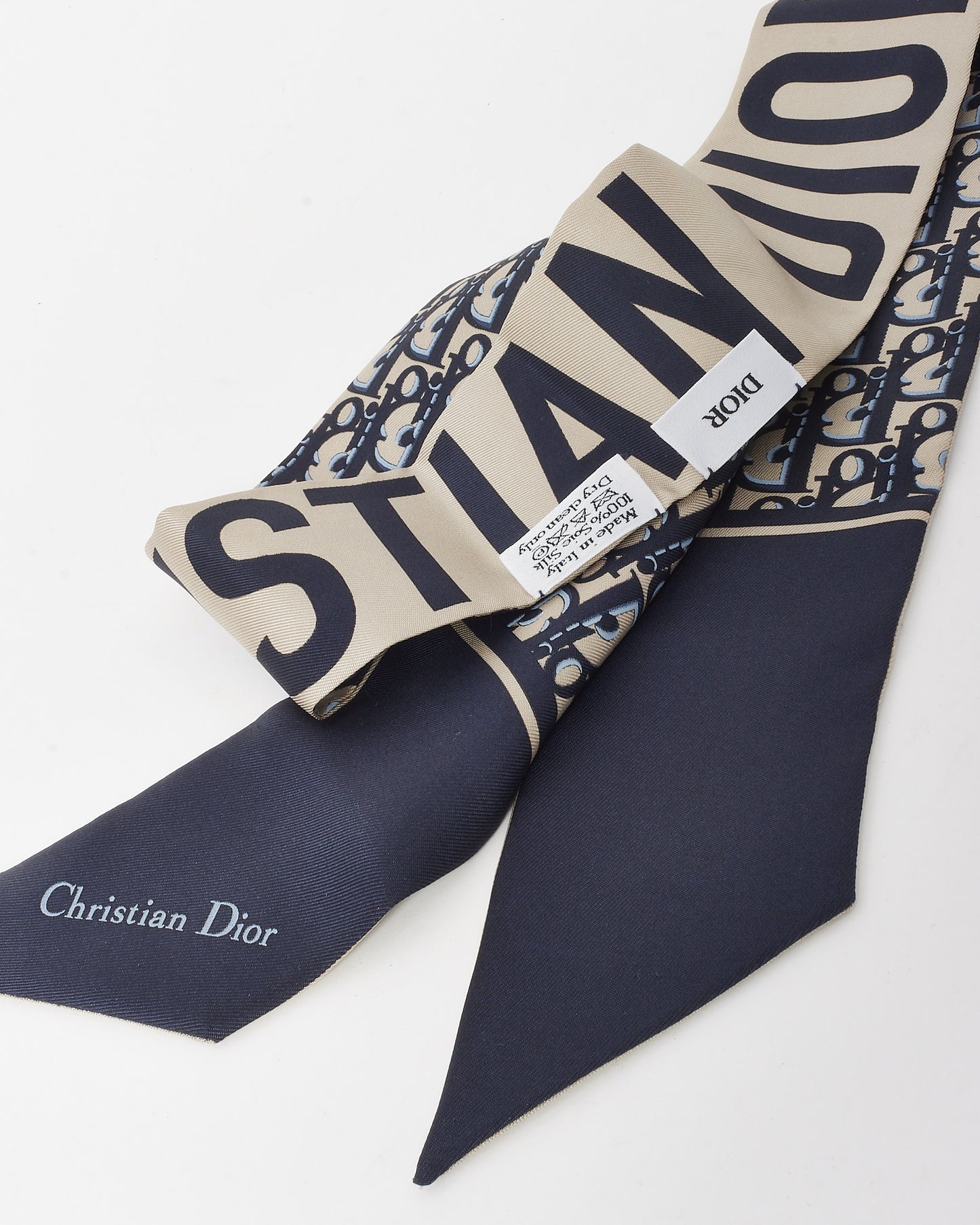 Dior Navy Blue Logo and Oblique Monogram Reversible Twilly Mitzah Scarf