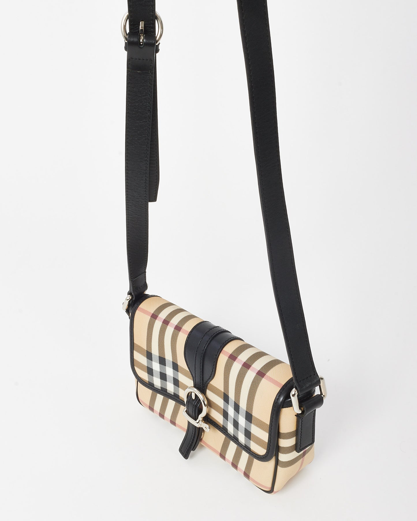 Burberry Vintage Beige House Check Leather Trim Buckle Crossbody Bag