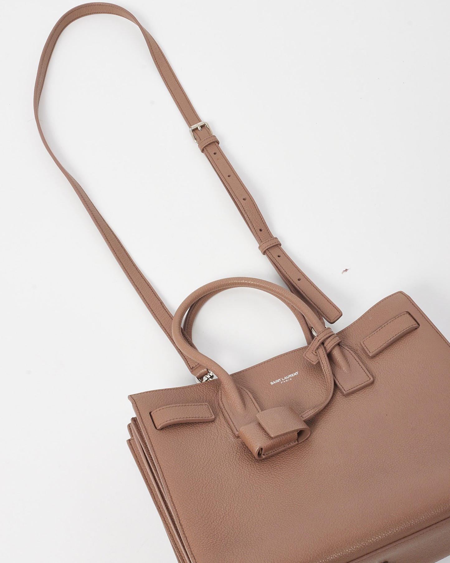 Saint Laurent Beige Grained Leather Baby Sac De Jour Top Handle Bag with Strap