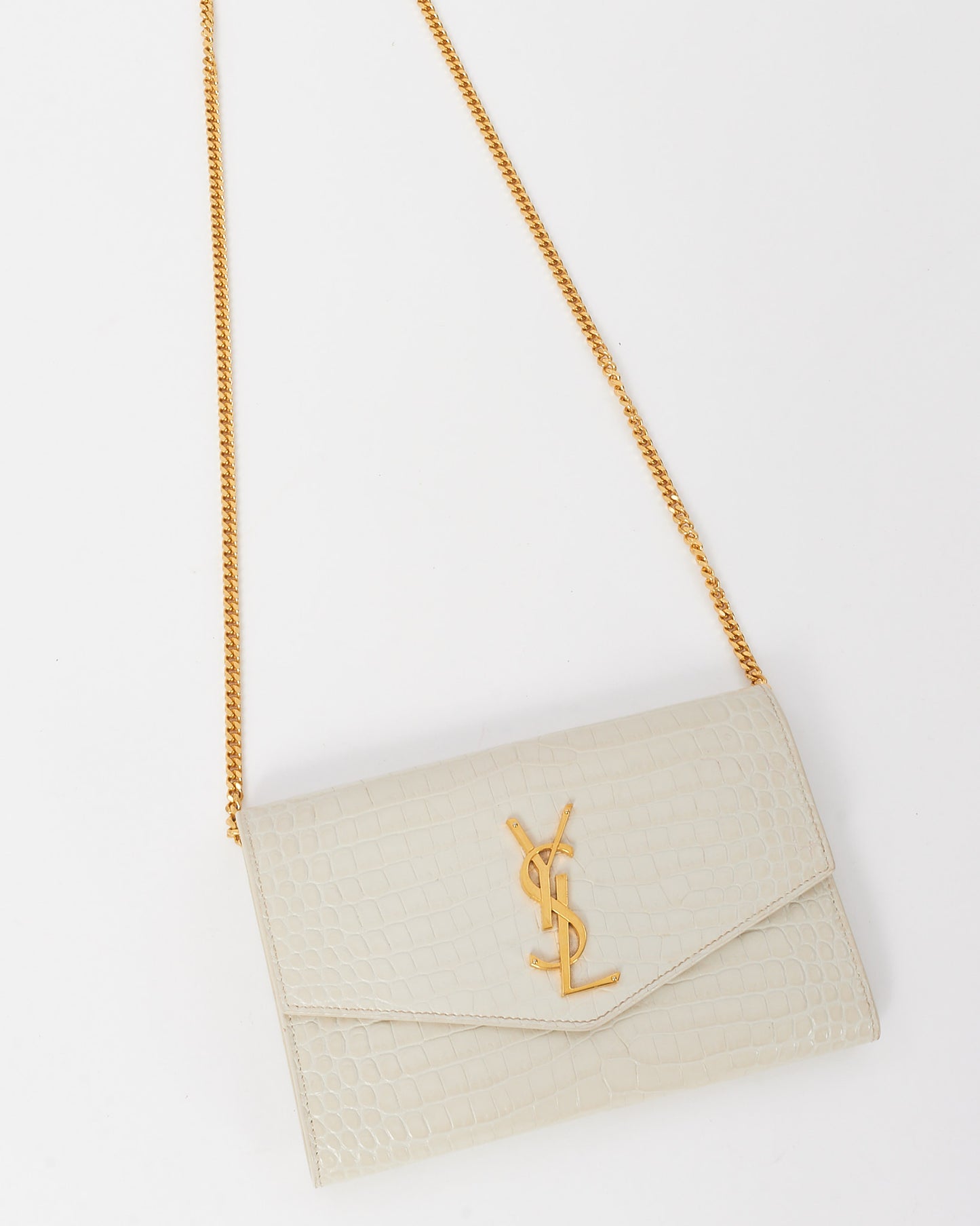 Saint Laurent White Croc Embossed Leather Uptown WOC Crossbody Bag