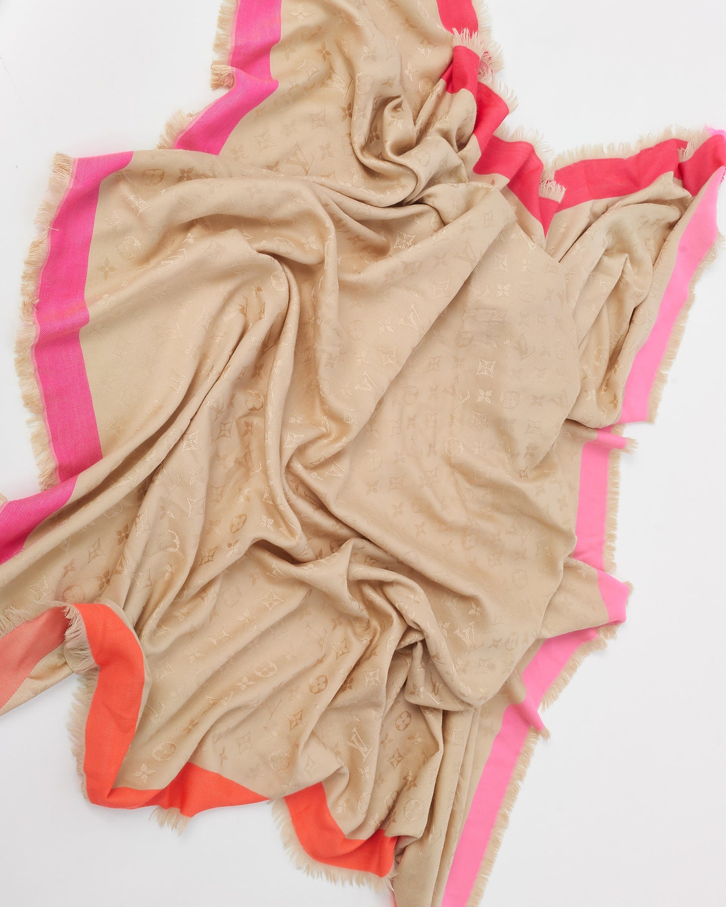 Louis Vuitton Orange/Pink Trim Beige Monogram Shine Wool/Silk Shawl Scarf