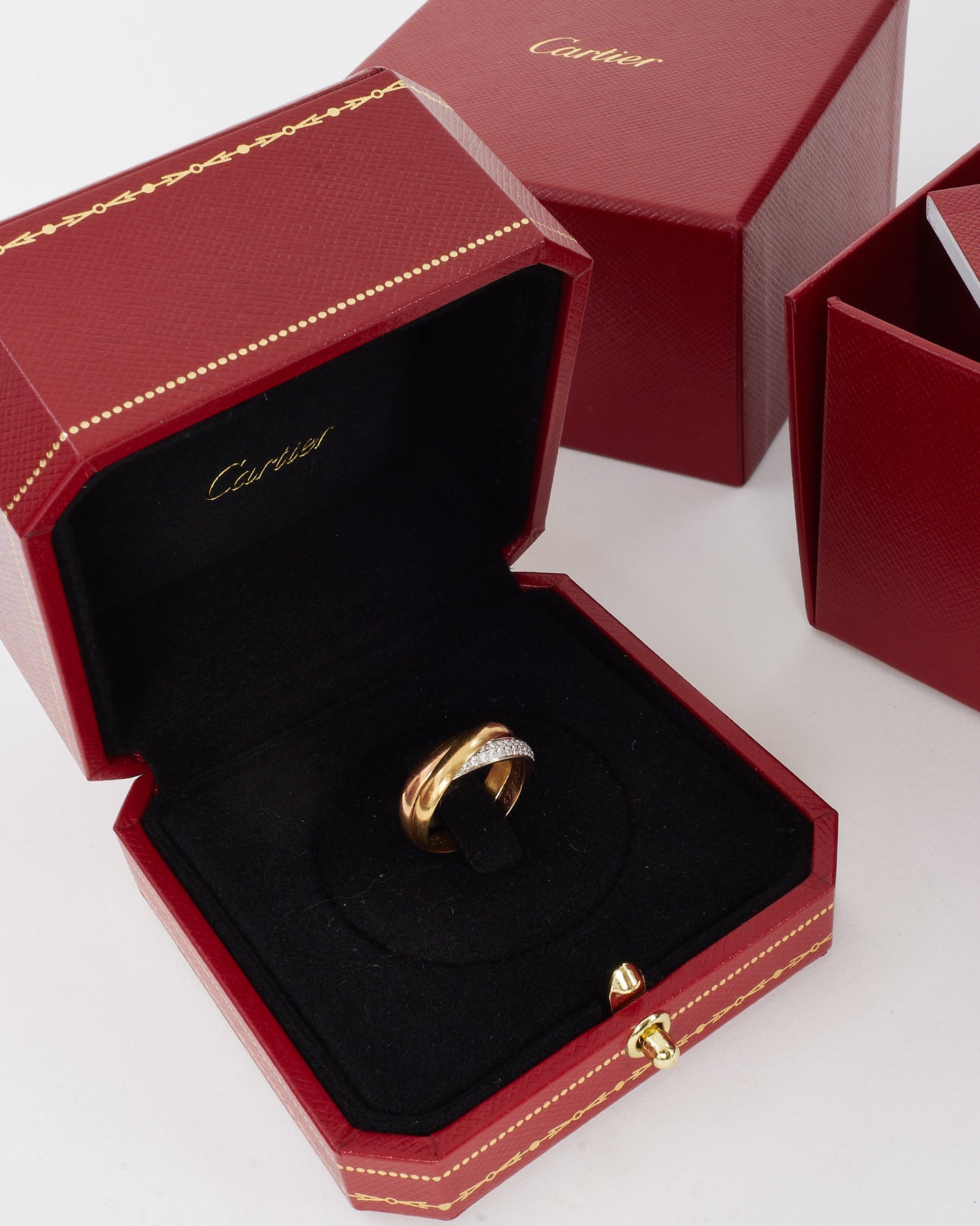 Cartier Rose/Yellow/White Gold Diamond Half Pave Small Model Trinity Ring