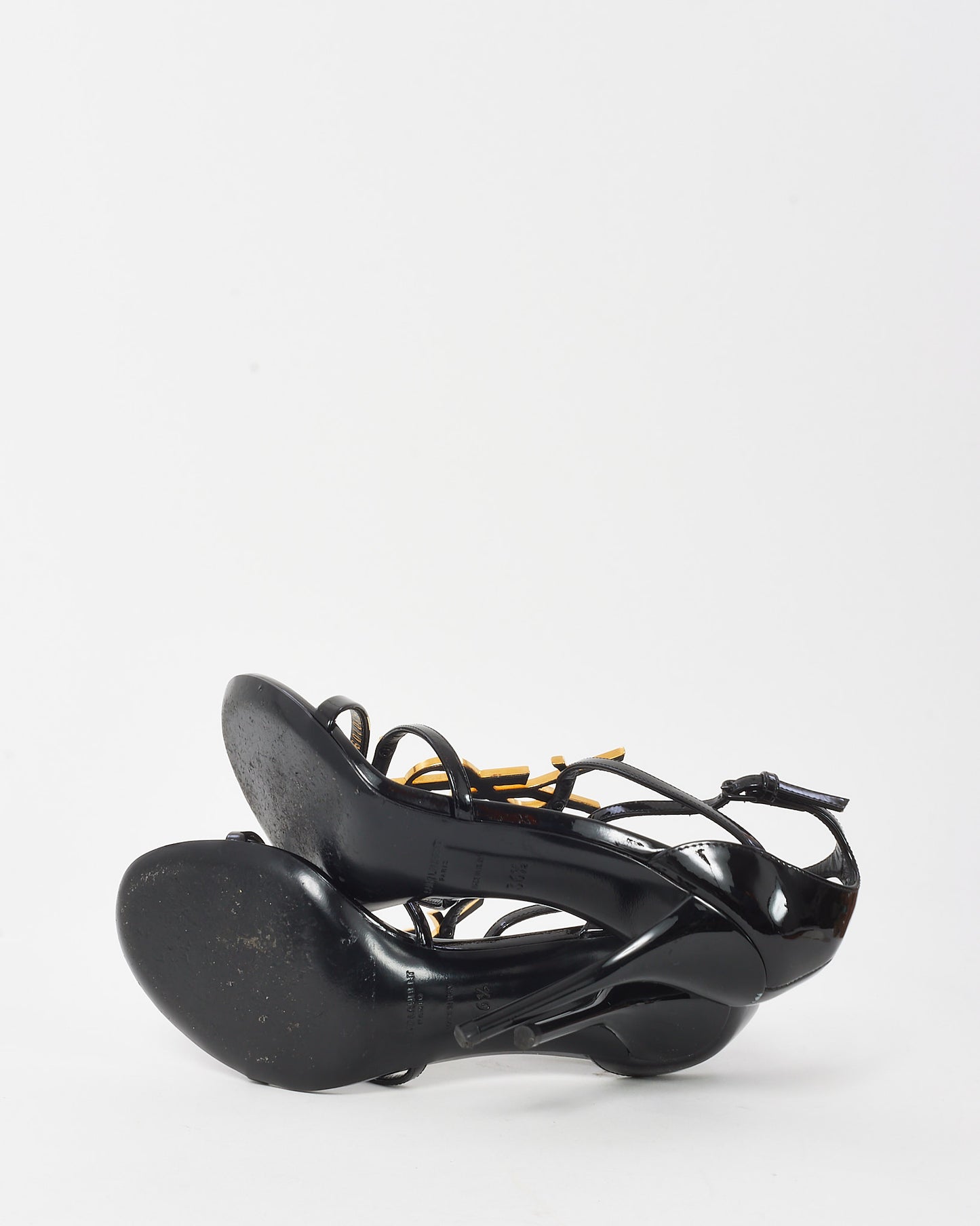 Saint Laurent Black Patent and Gold YSL Cassandra Sandals - 36