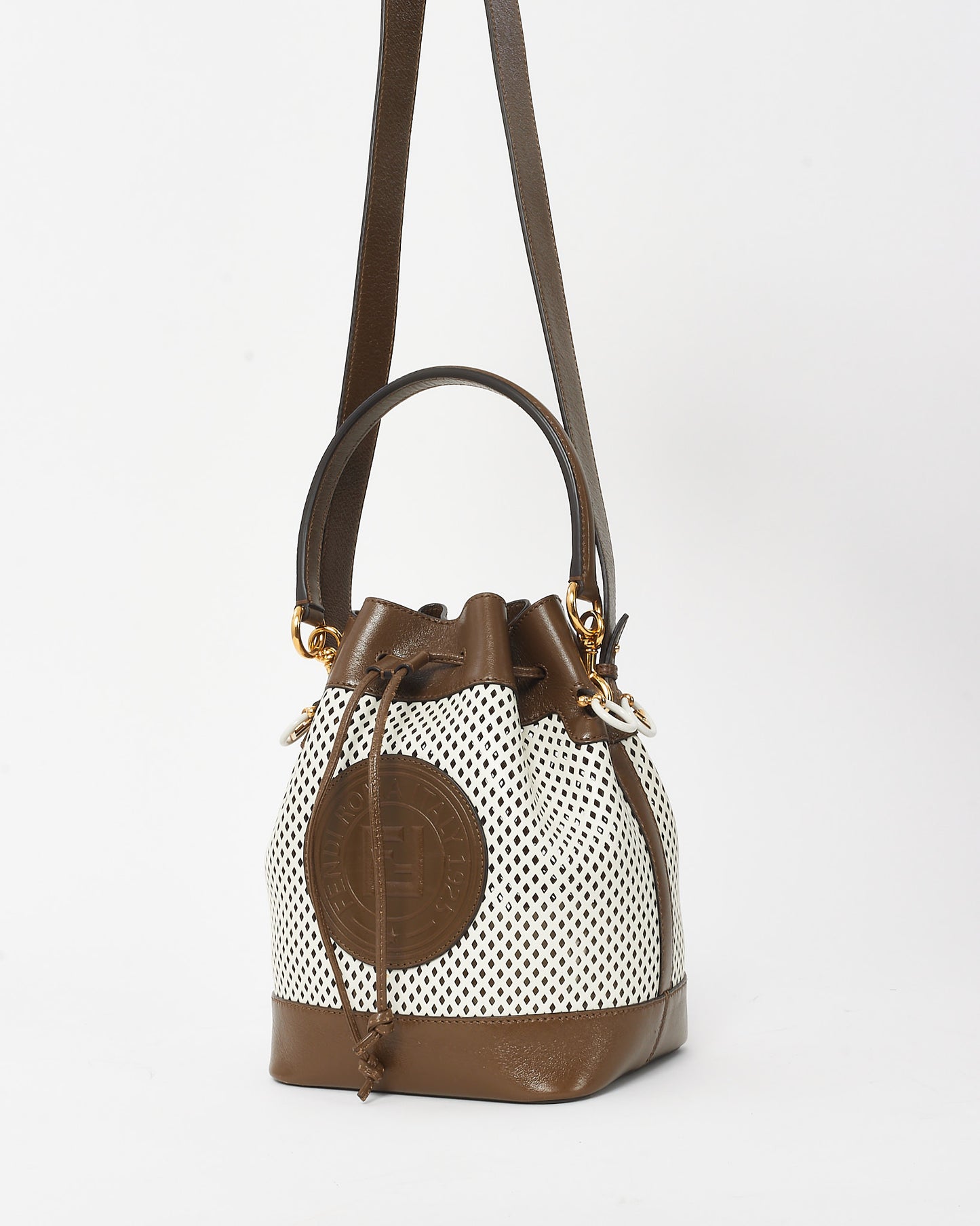 Fendi Brown and White Vitello Liberty Glossy Lambskin F is Fendi Perforated Mon Tresor Bucket Bag