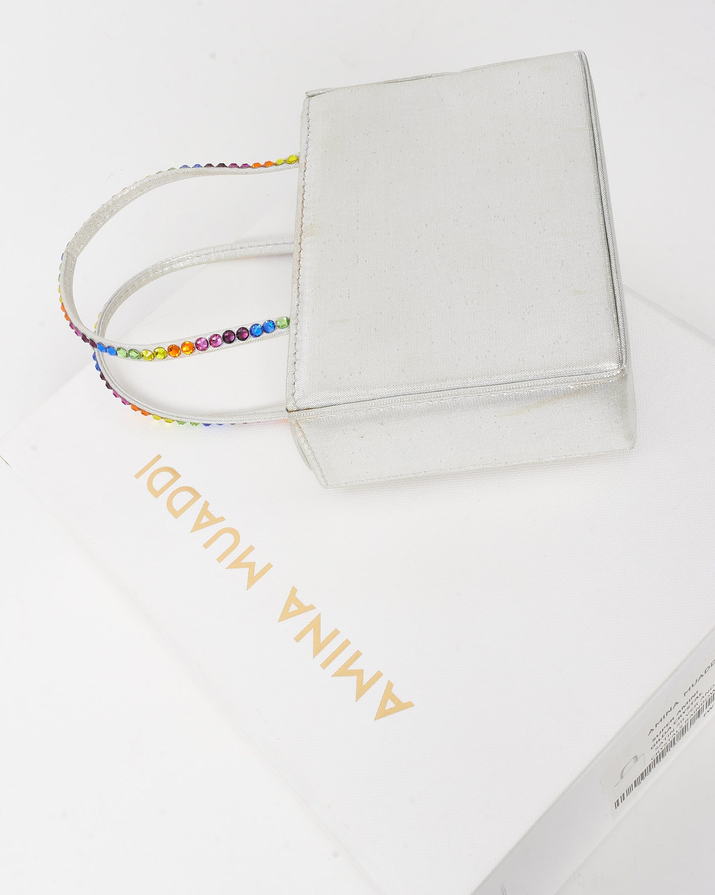 Amina Muaddi Silver Satin Multicolor Crystal Handle Mini Evening Bag