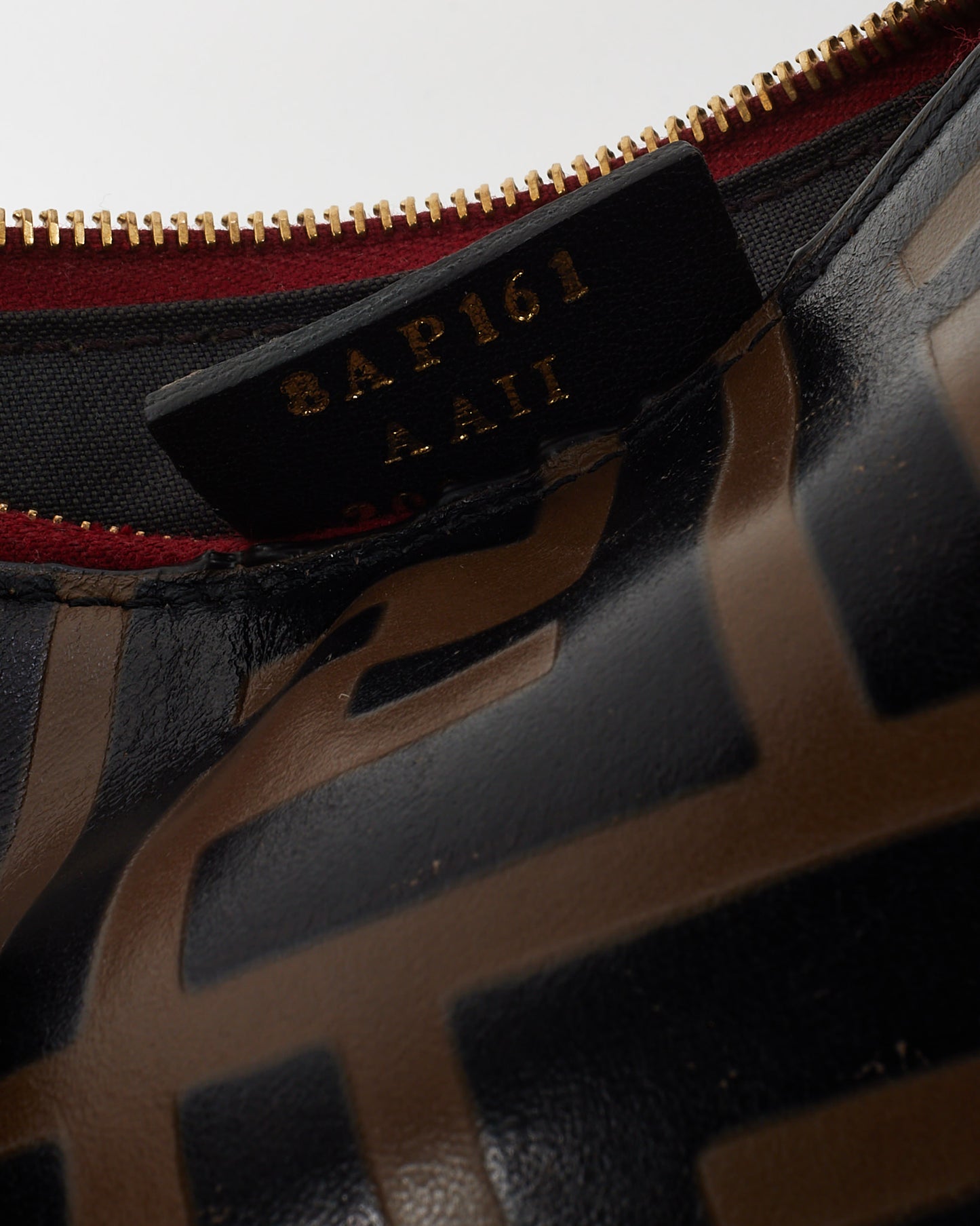 Fendi Brown FF Zucca Monogram Embossed and Red Leather Card Case Key Ring Pouch