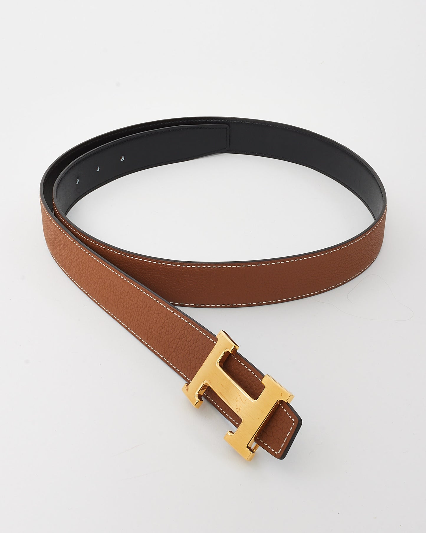 Hermès Black Swift & Tan Gold Togo Leather Reversible Brushed Gold H 32mm Belt - 100
