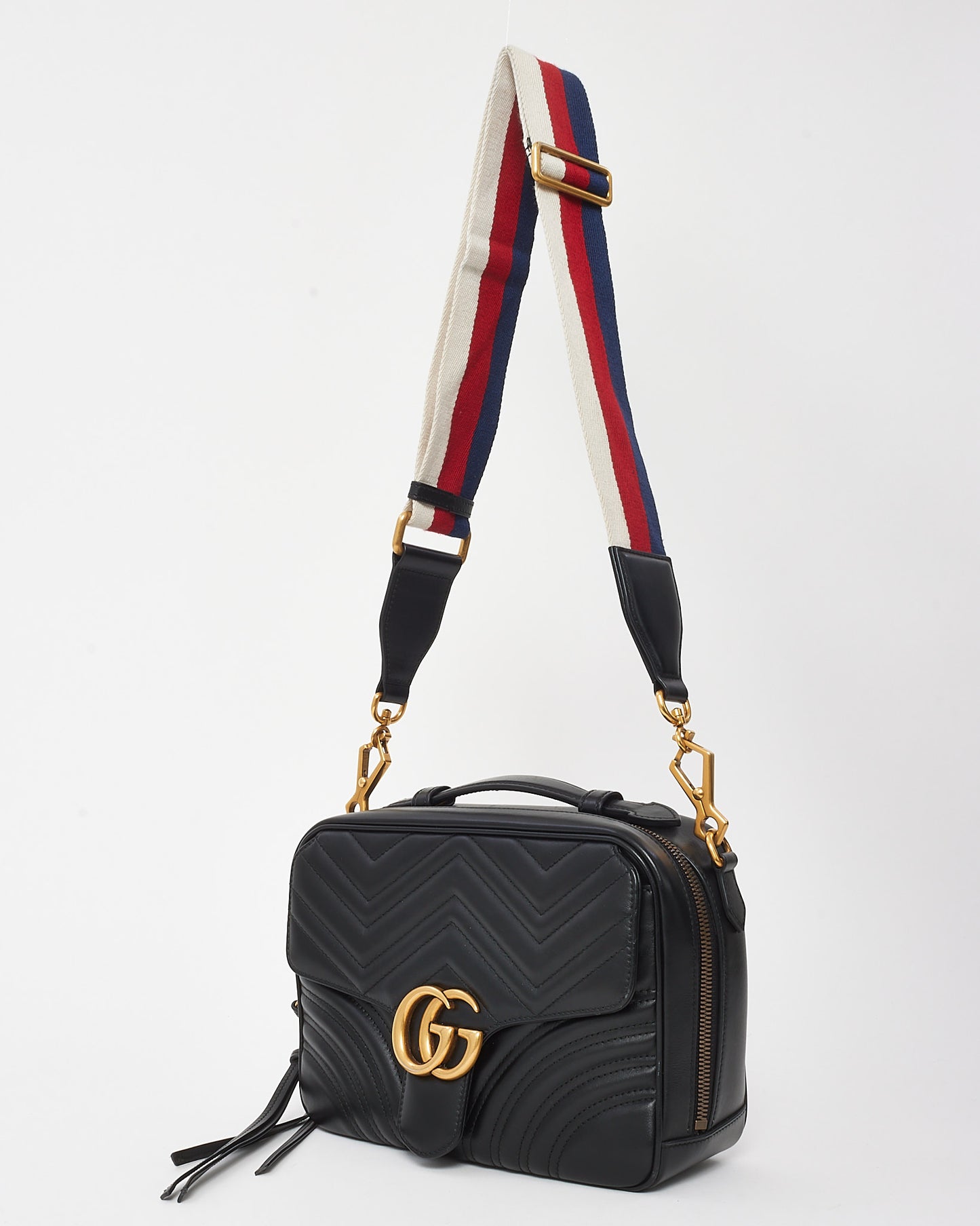 Gucci Black Quilted Matelassé Leather Marmont Top Handle Web Strap Crossbody Bag