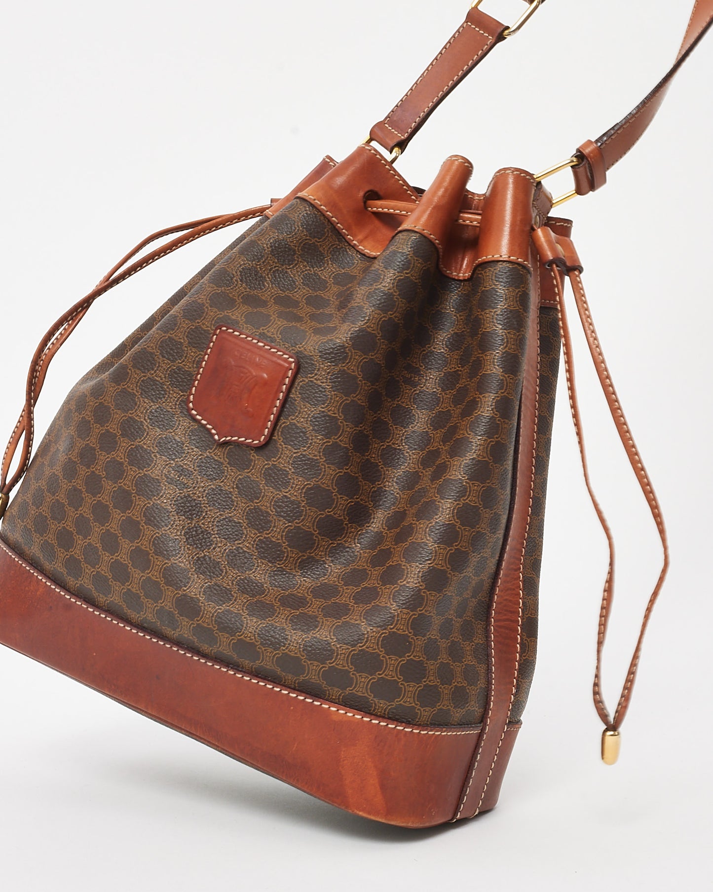 Celine Vintage Tan Leather Brown Macadam Logo Coated Canvas Triomphe Bucket Bag