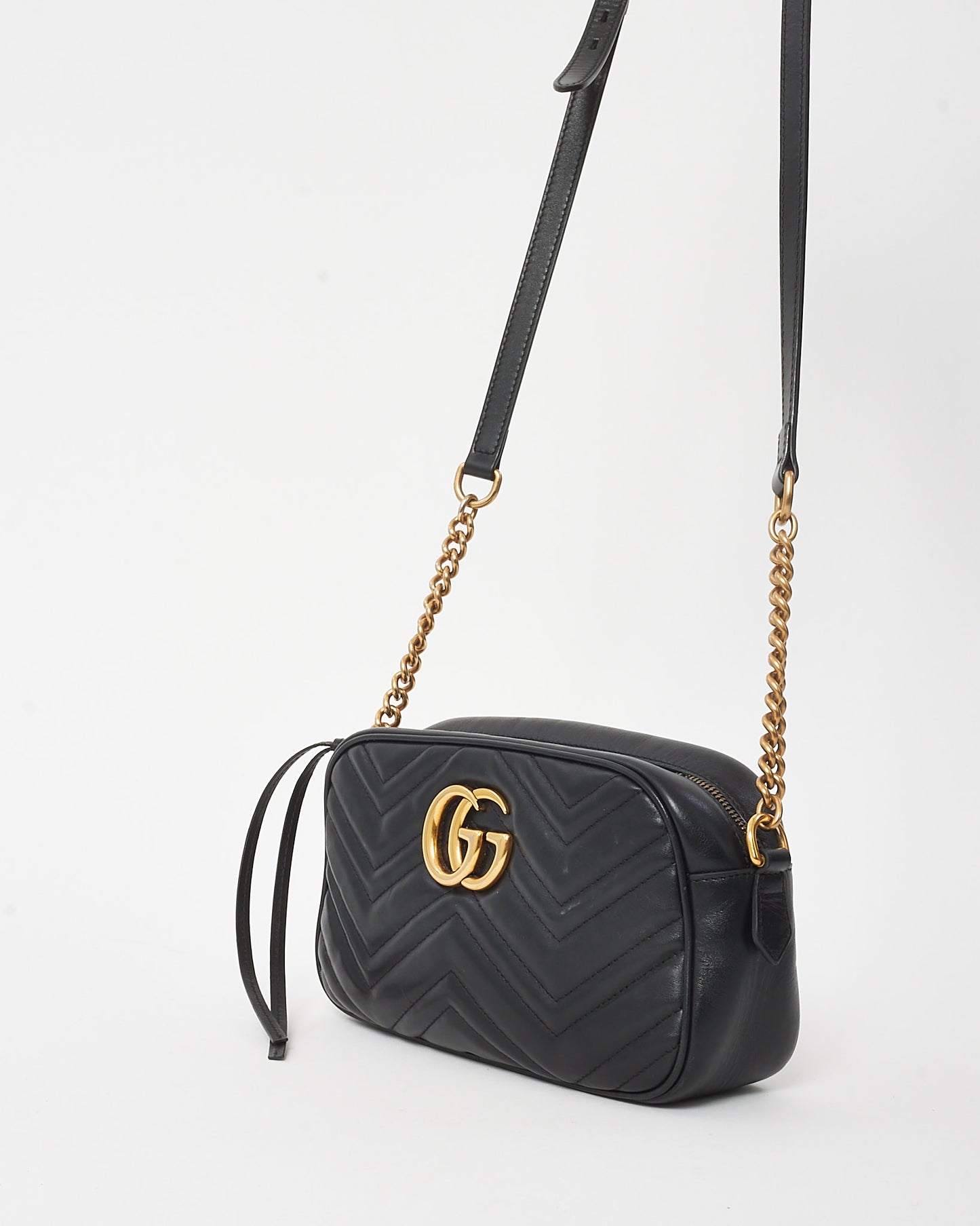Gucci Black Matelassé Chevron Leather GG Marmont Small Camera Bag