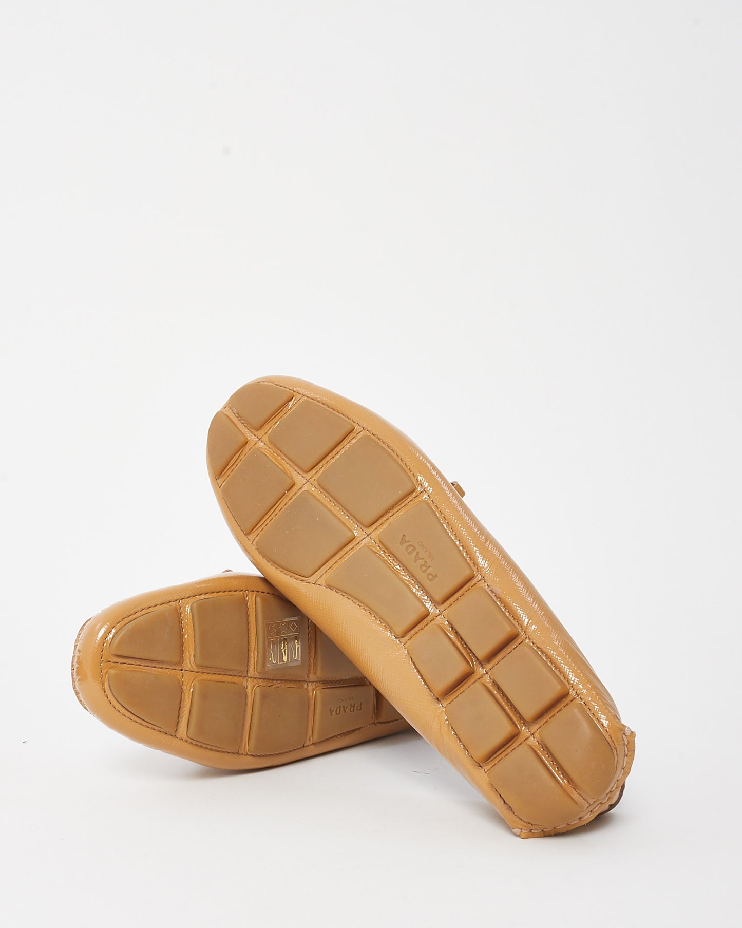 Prada Beige Patent Leather Logo Boat Loafers - 35.5