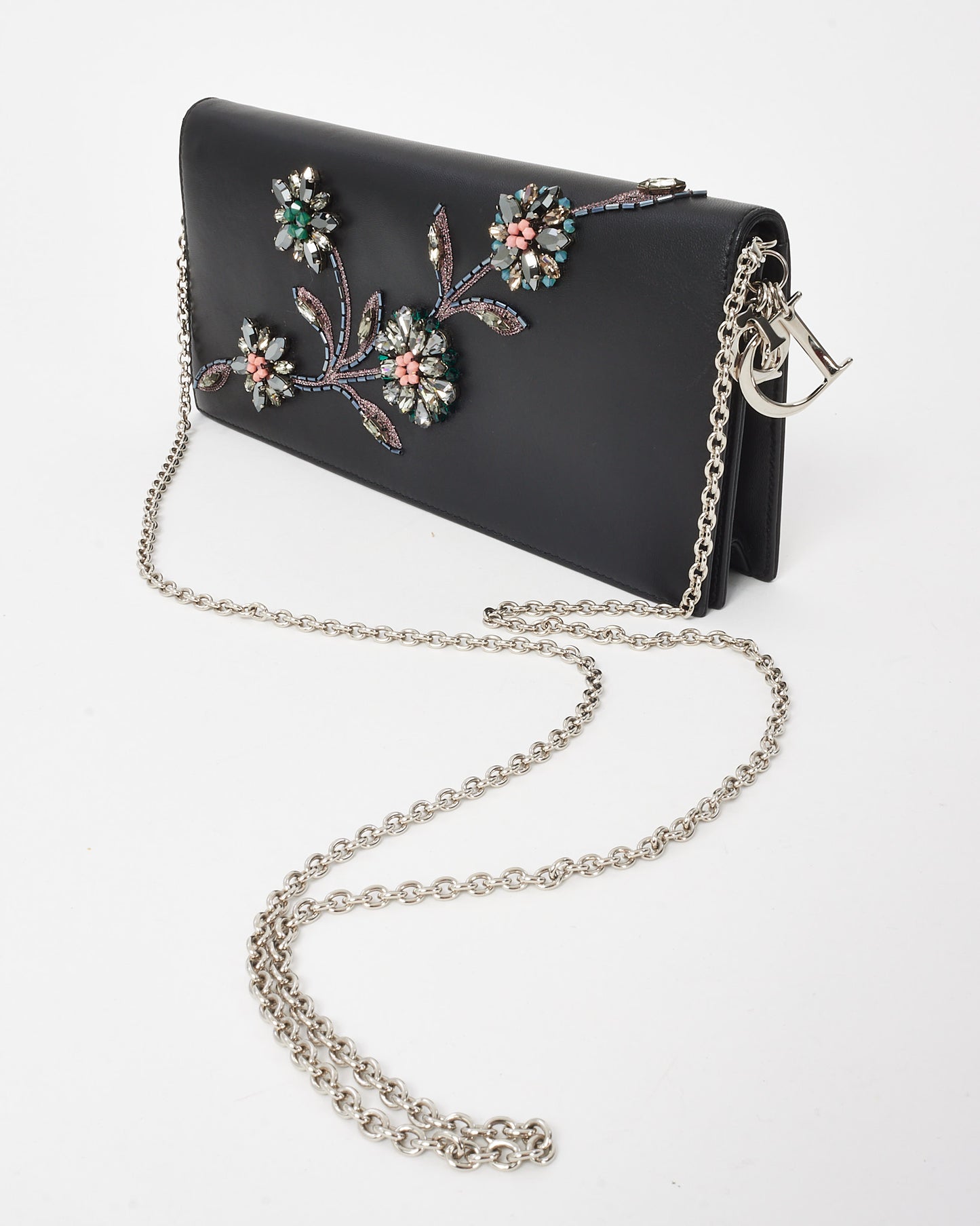 Dior Black Leather Crystal Embellished Flower Flap Chain Clutch