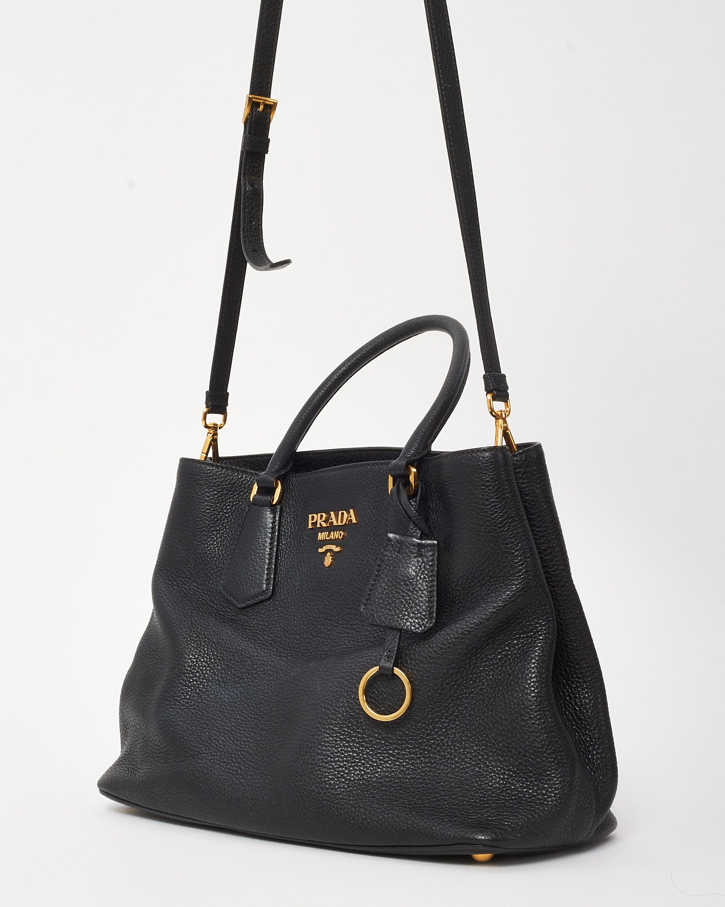 Prada Black Vitello Leather Phenix Double 2Way Tote with Strap