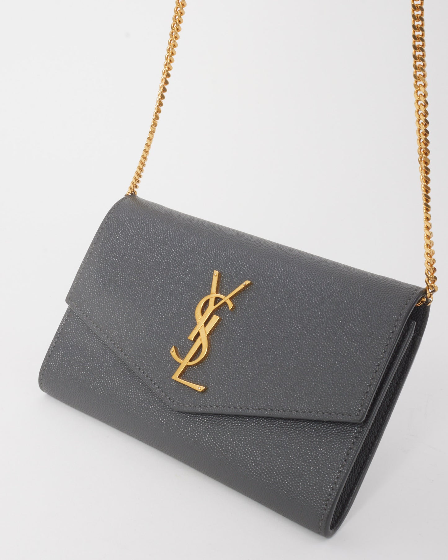 Saint Laurent Dark Grey Grain de Poudre Leather YSL Uptown WOC Chain Wallet Crossbody