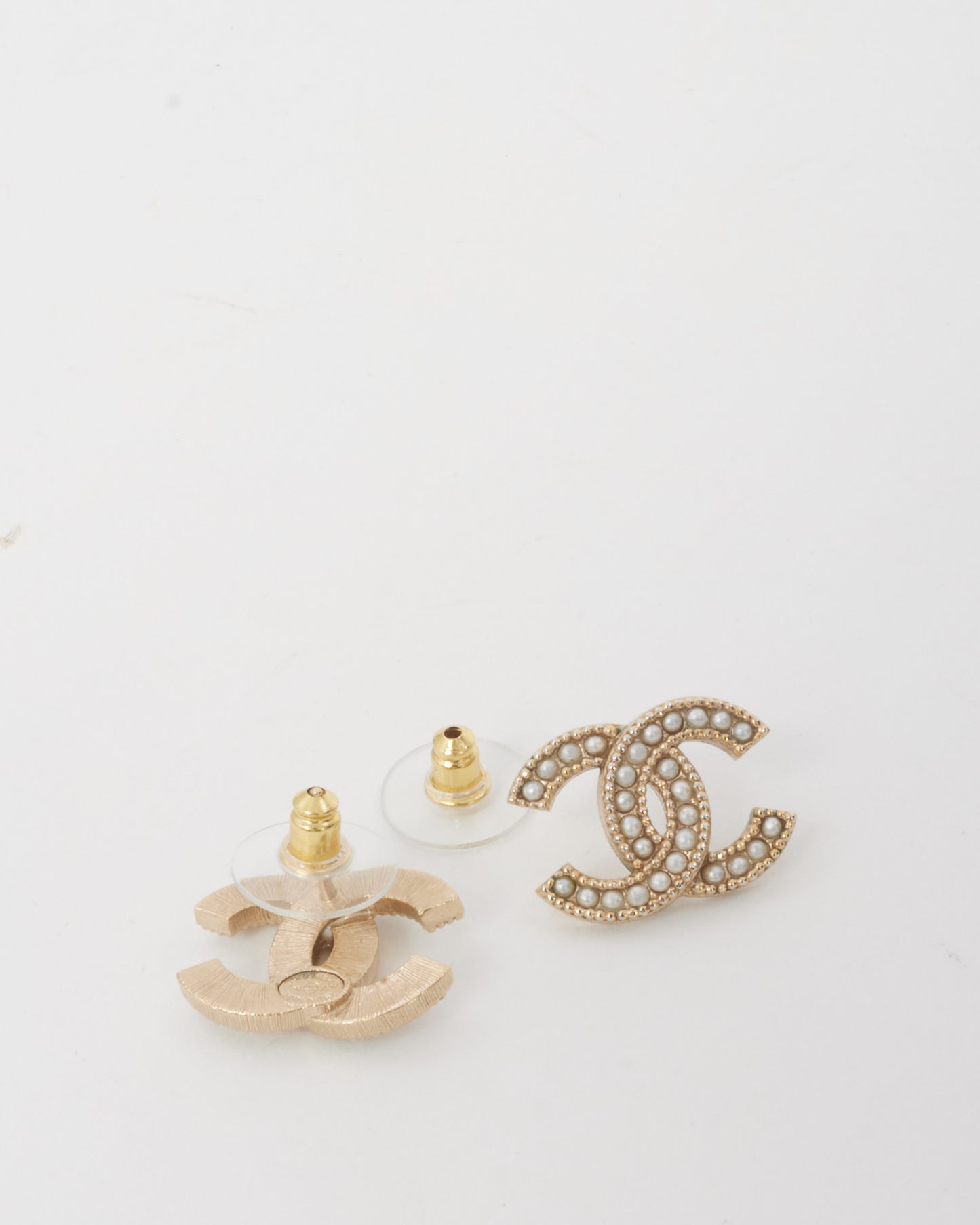 Chanel Gold Brushed & Pearl CC Logo Large Stud Earrings