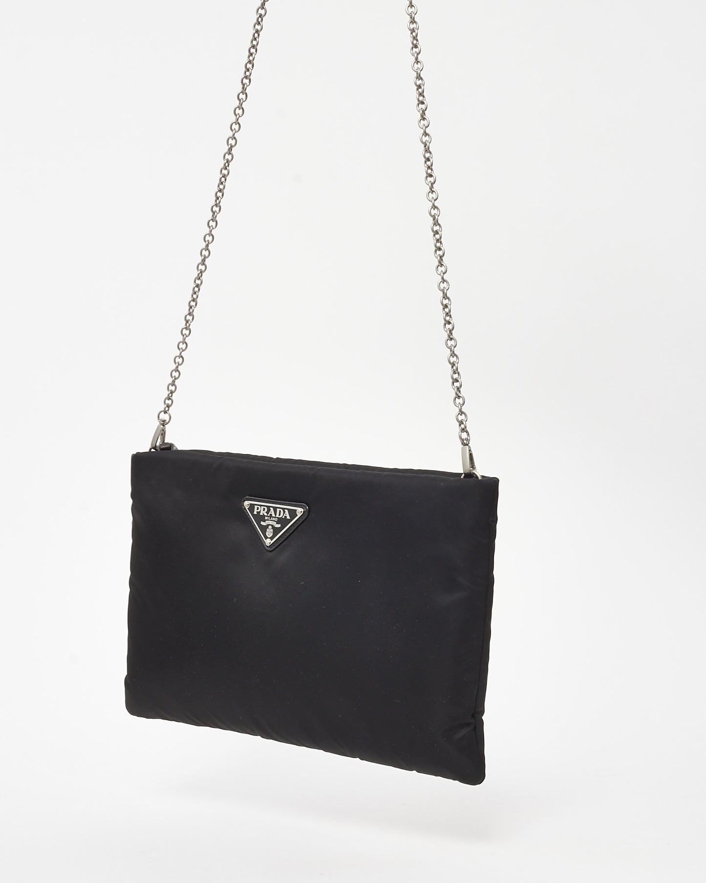 Prada Black Nylon Logo Medium Padded Pouch with Chain