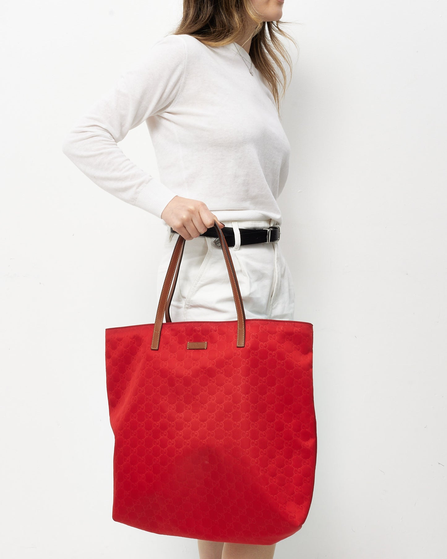 Gucci Red Monogram GG Nylon Large Tote Bag