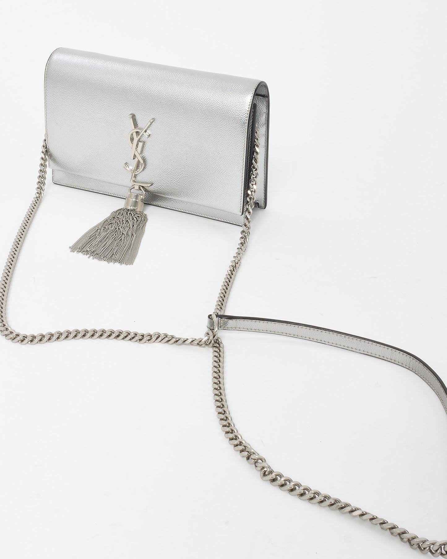 Saint Laurent Metallic Silver Leather Small YSL Logo Kate Tassel Crossbody Bag