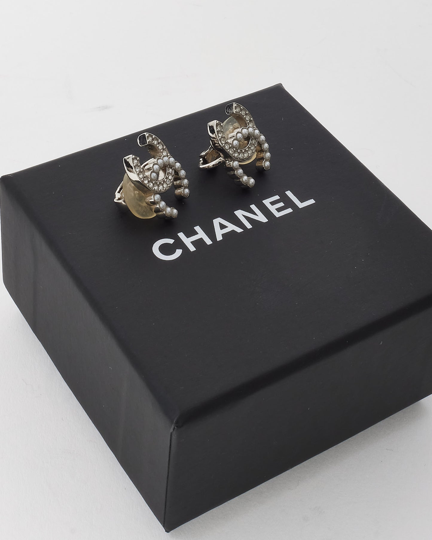 Chanel Silver Pearl and Crystal Strass CC Logo Clip-On Earrings