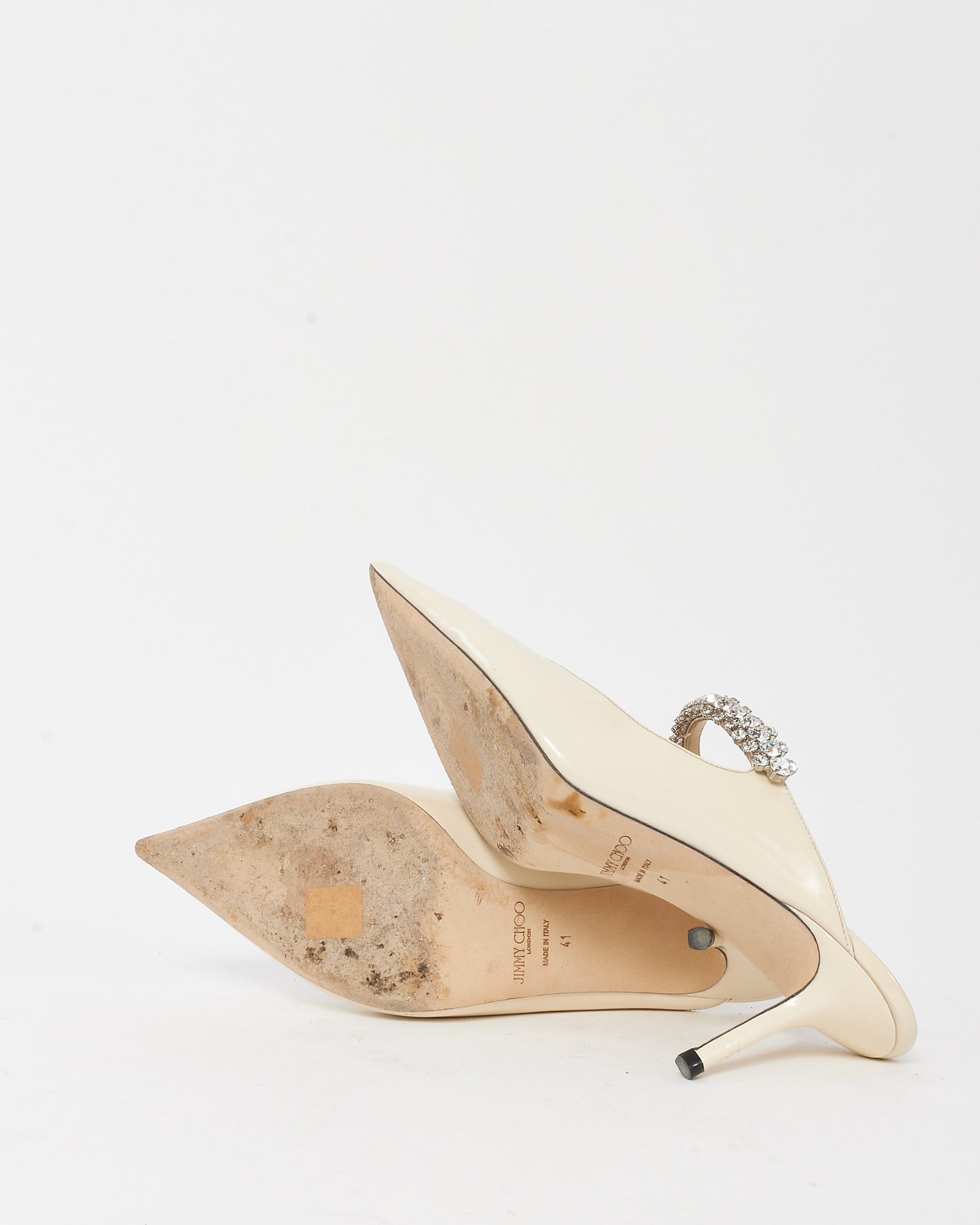 Jimmy Choo White Cream Patent Leather Crystal Bing 65mm Slip-On Heels - 41