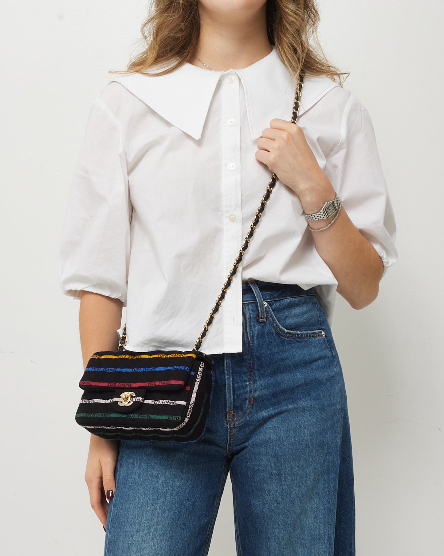 Chanel Black Jersey Multi Logo Métiers d’Art 22 Mini Flap Bag