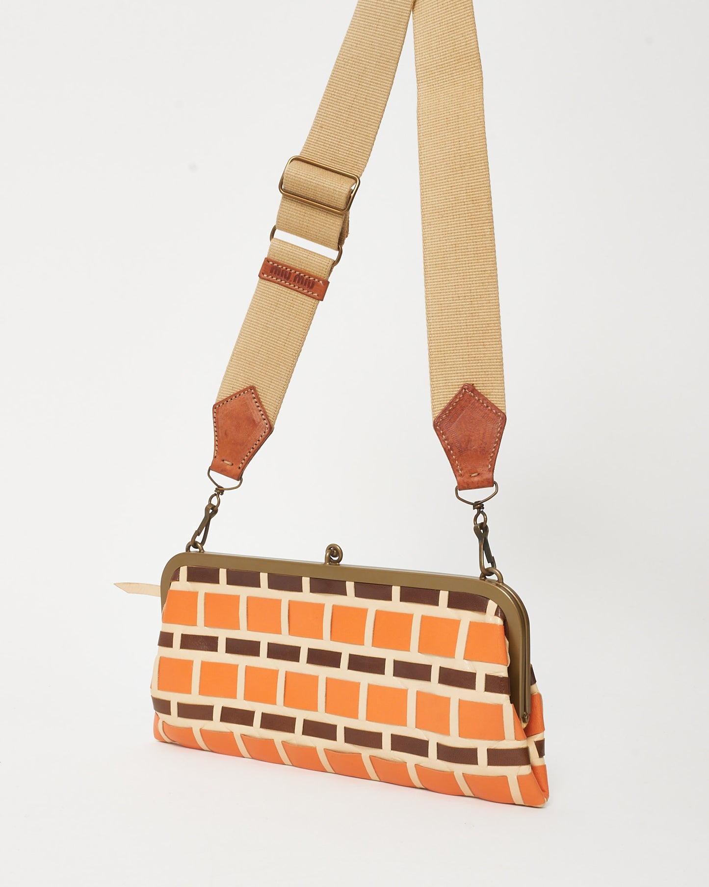 Miu Miu Vintage Orange/Beige/Brown 70's Brick Pattern Leather Clutch with Strap
