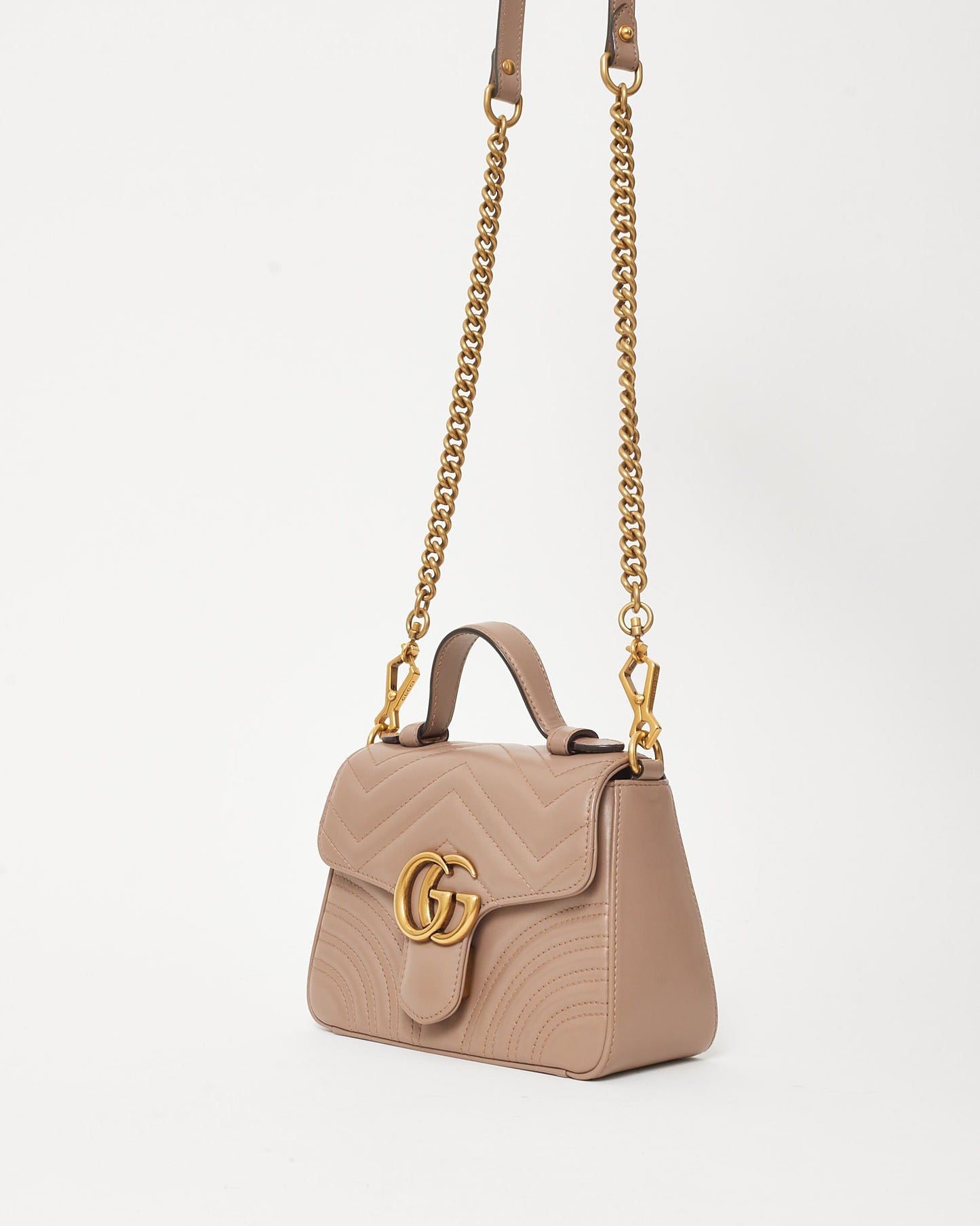 Gucci Beige Matelassé Leather Mini GG Marmont Top Handle Bag