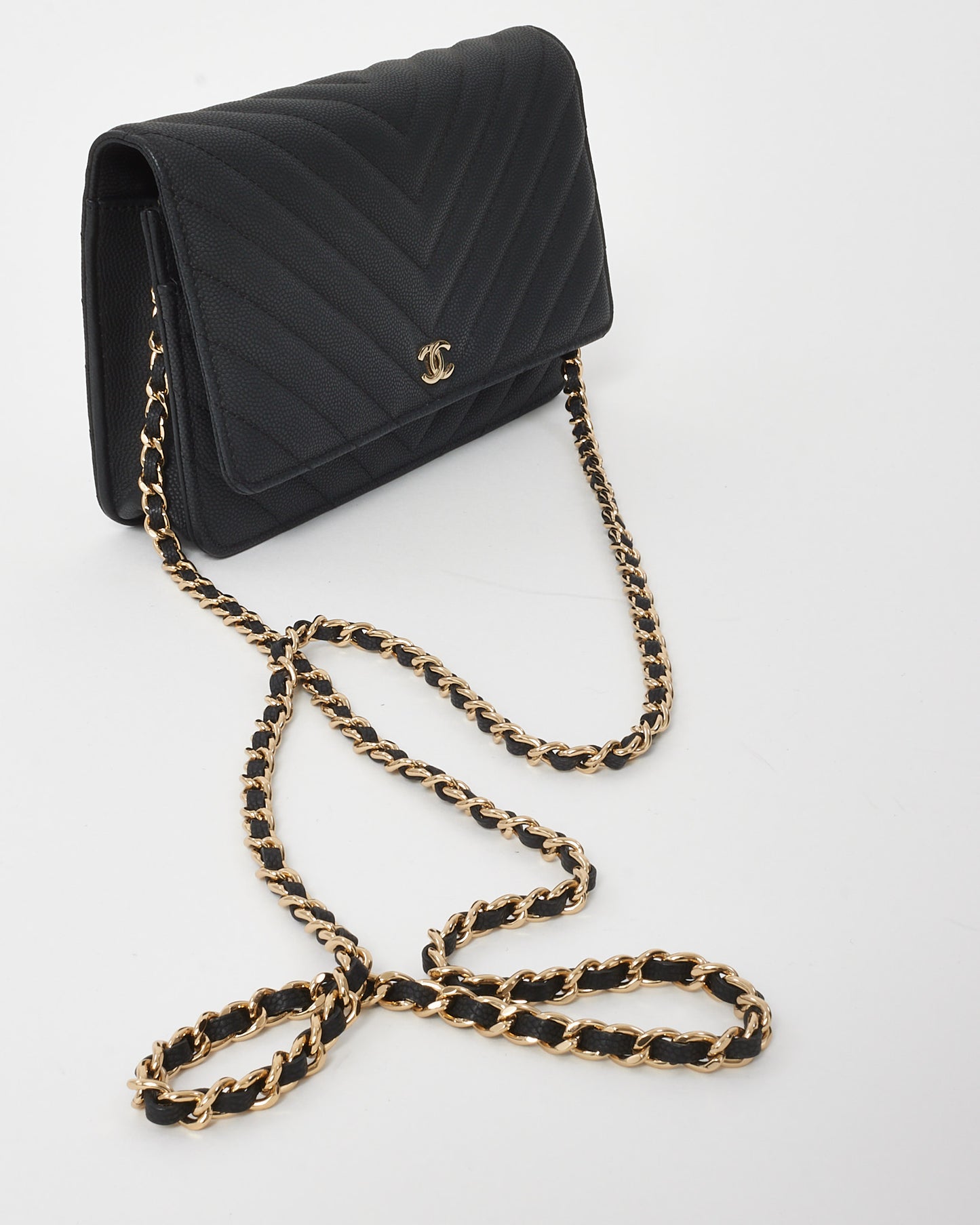 Chanel Black Chevron Caviar Leather WOC Wallet on Chain Crossbody Bag GHW
