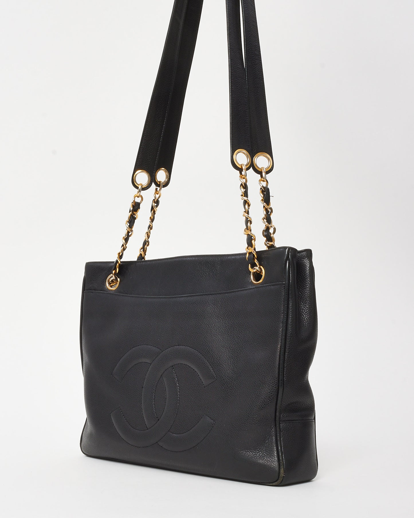 Chanel Vintage Black Caviar Leather CC Logo Shopper Tote Bag GHW