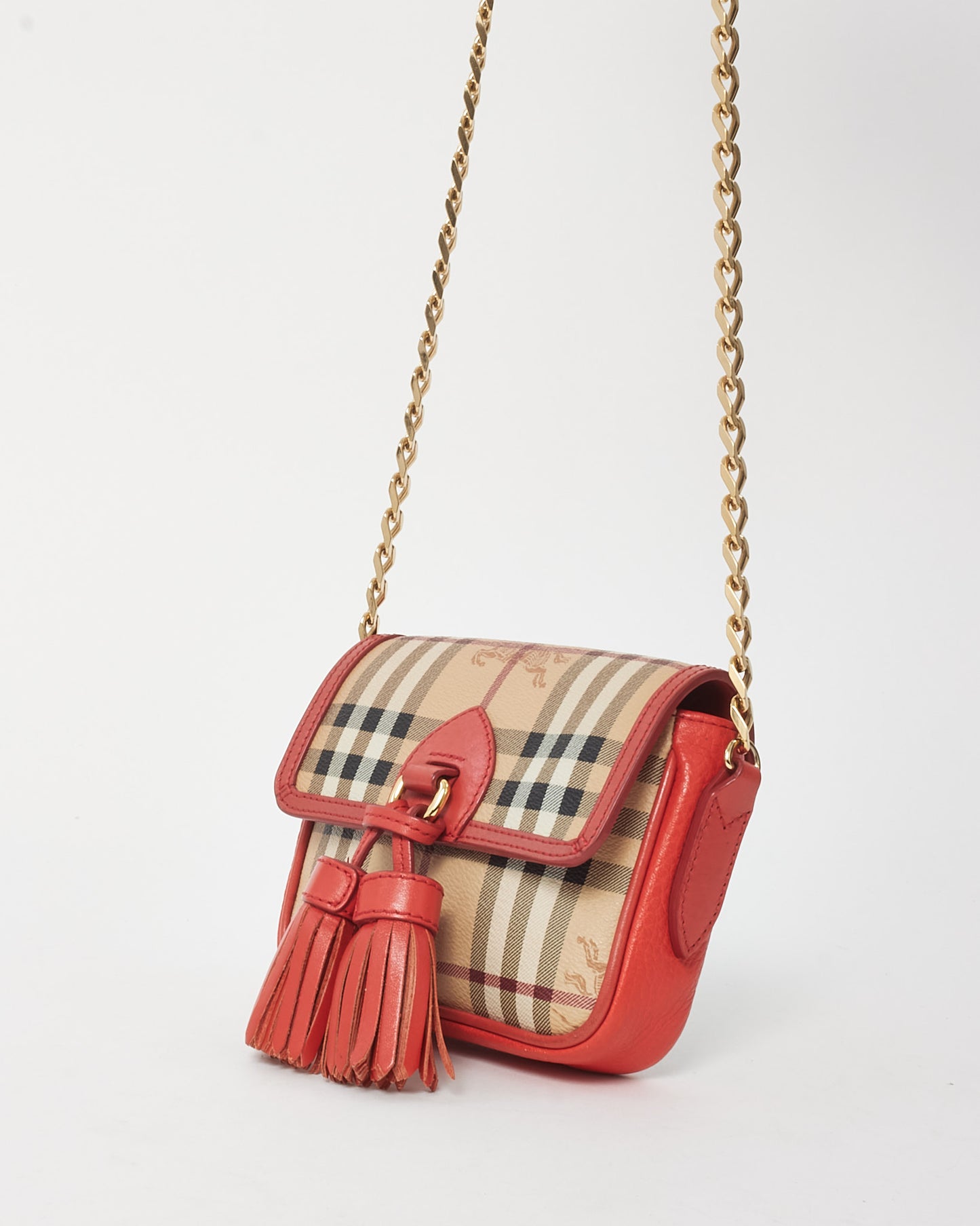 Burberry Red and Beige Haymarket Check Mini Tassel Crossbody Bag