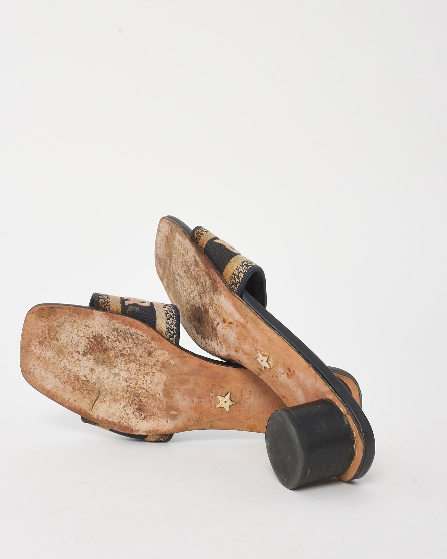 Dior Deep Blue Embroidered Cotton Logo Dway Heeled Sandals - 36